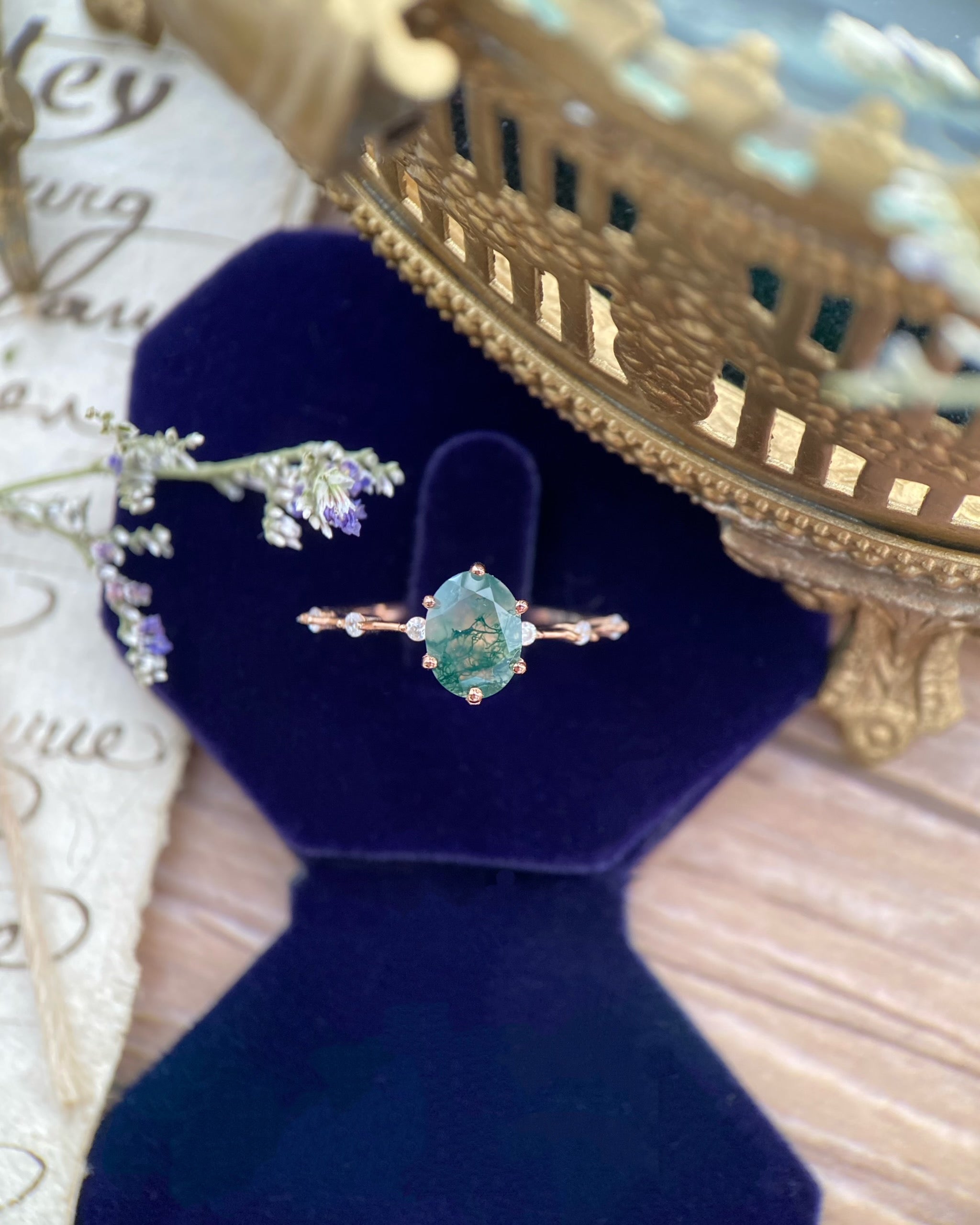 【Rootkeeper】Bague de fiançailles unique en agate mousse naturelle faite à la main, de forme ovale, 1,5 ct