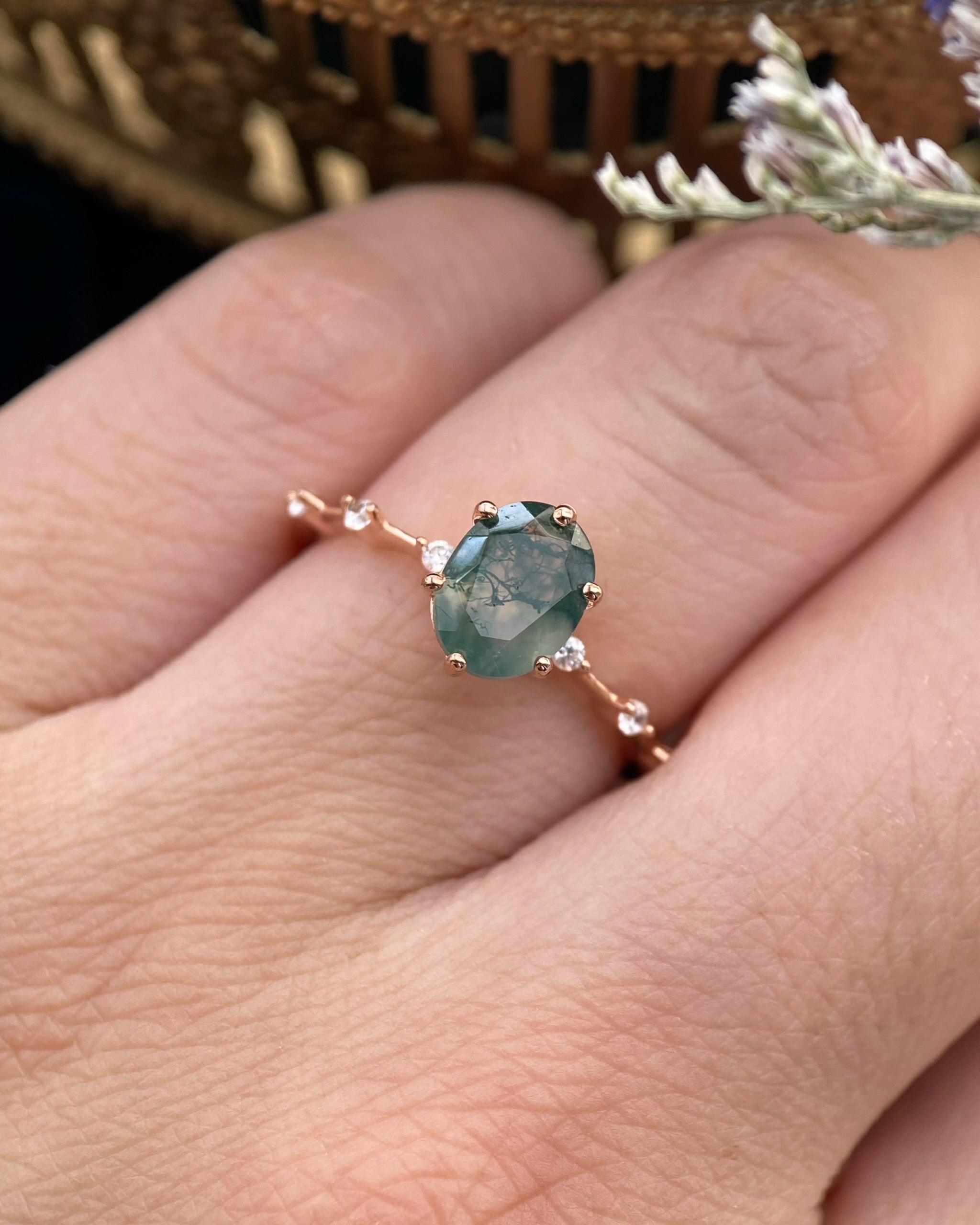 【Rootkeeper】Bague de fiançailles unique en agate mousse naturelle faite à la main, de forme ovale, 1,5 ct