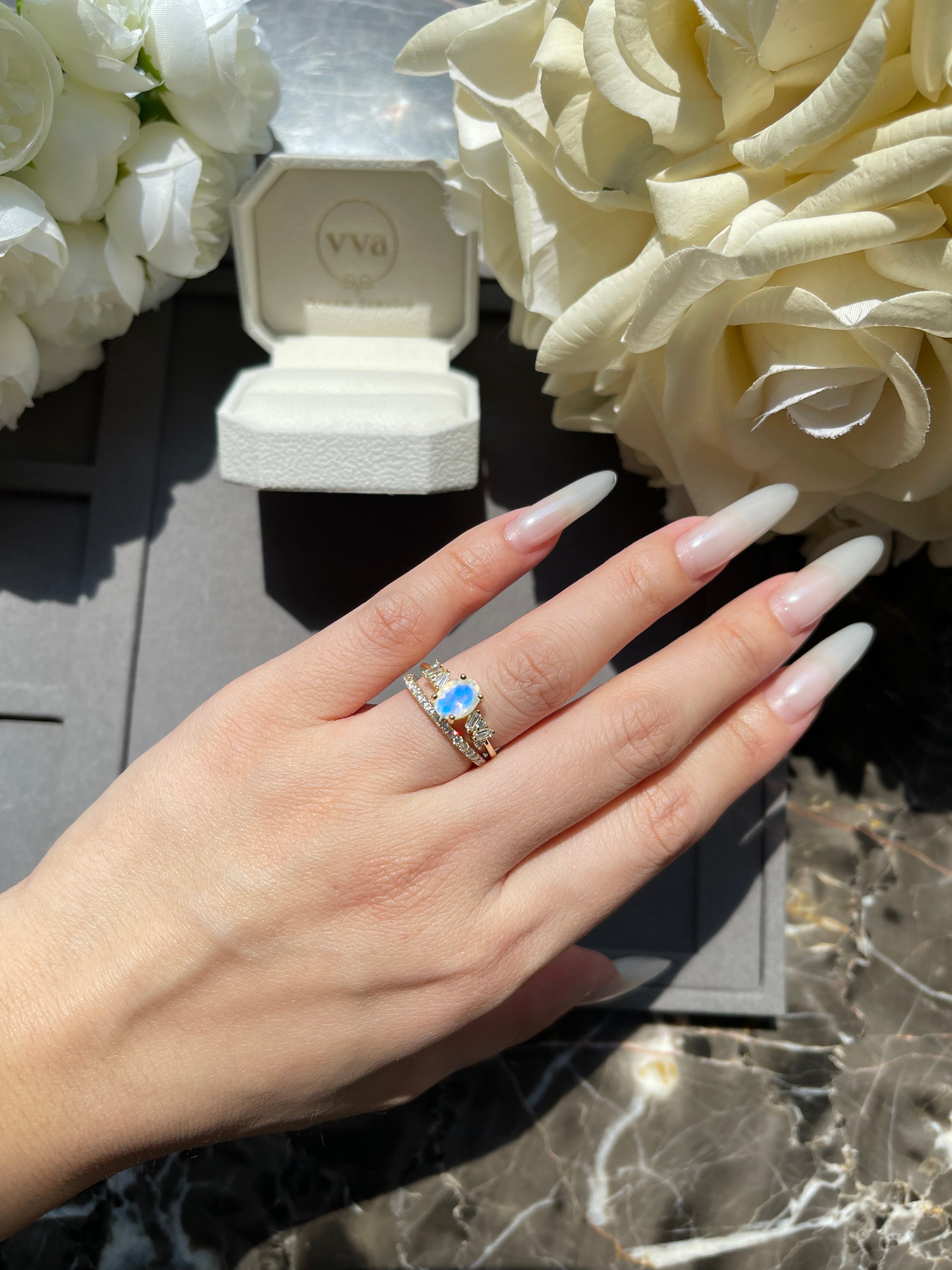 【Moonbeam】Unique Handmade Natural Blue Moonstone Engagement Ring 1.5ct Oval Shape