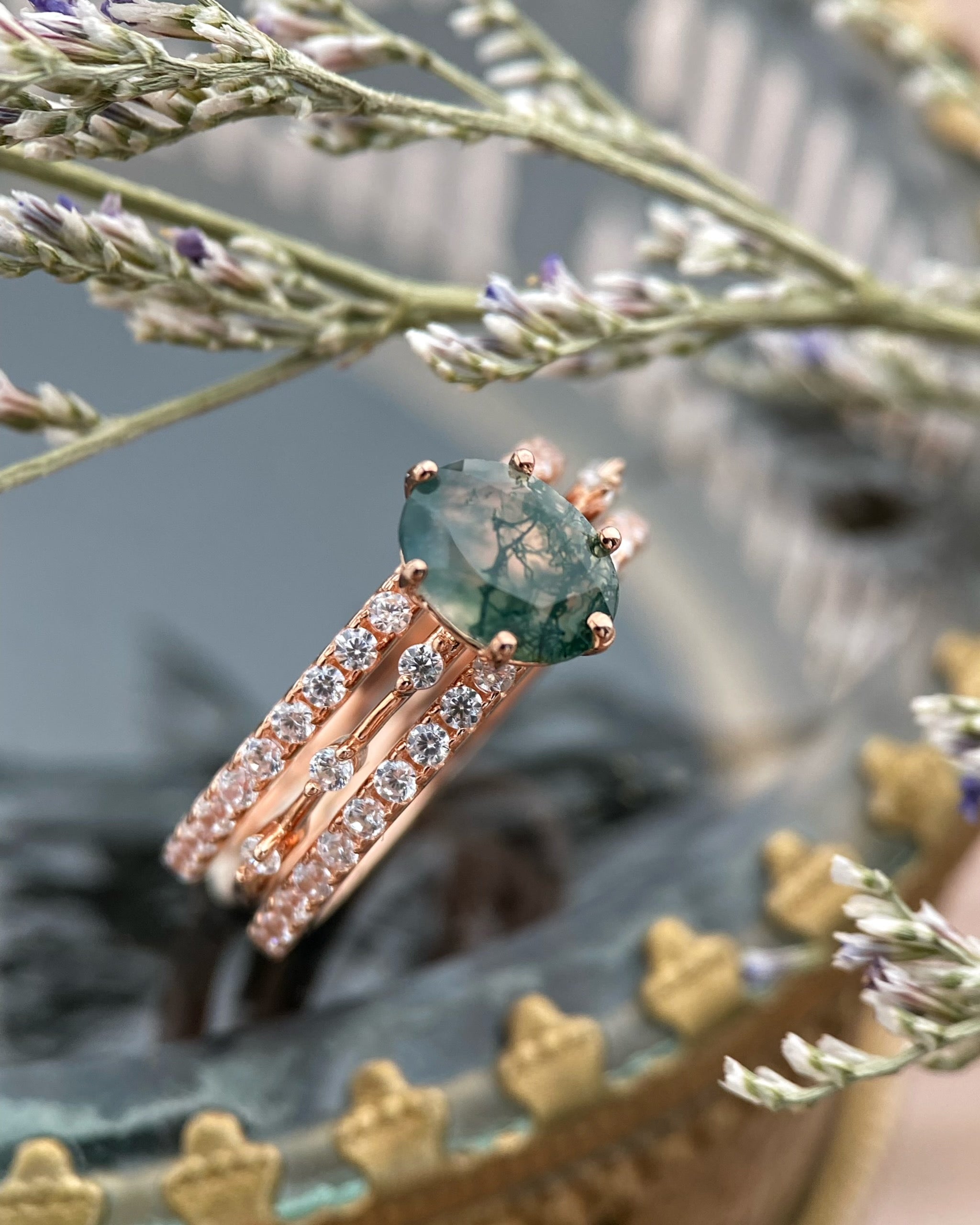 【Ensemble Rootkeeper】Ensemble unique de bagues de fiançailles en agate mousse naturelle faite à la main, 3 pièces, 1,5 ct, forme ovale