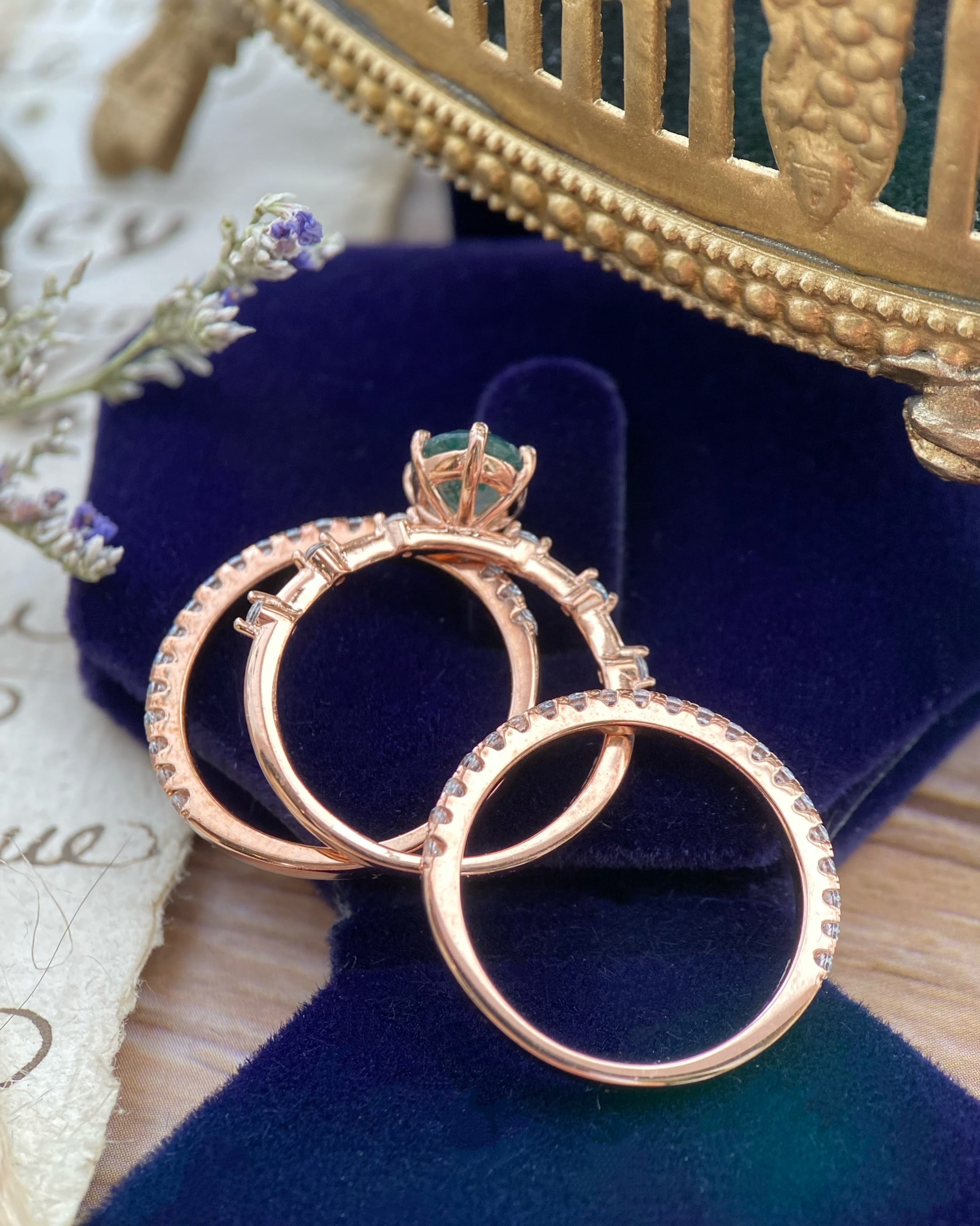 【Ensemble Rootkeeper】Ensemble unique de bagues de fiançailles en agate mousse naturelle faite à la main, 3 pièces, 1,5 ct, forme ovale
