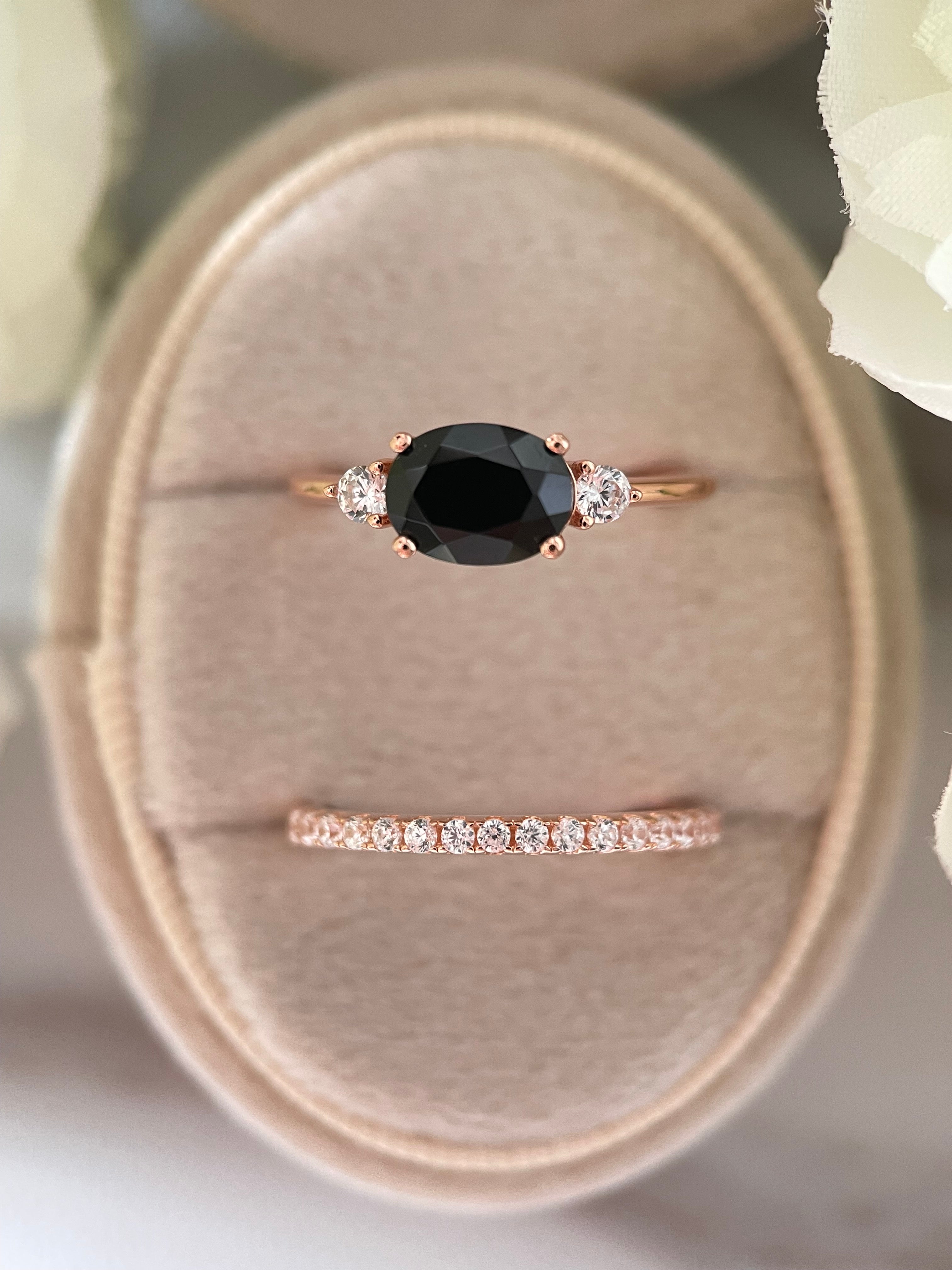 【Ensemble Onyx Vertex】Ensemble de 2 bagues de fiançailles ovales en onyx noir naturel fait main, 1,5 ct