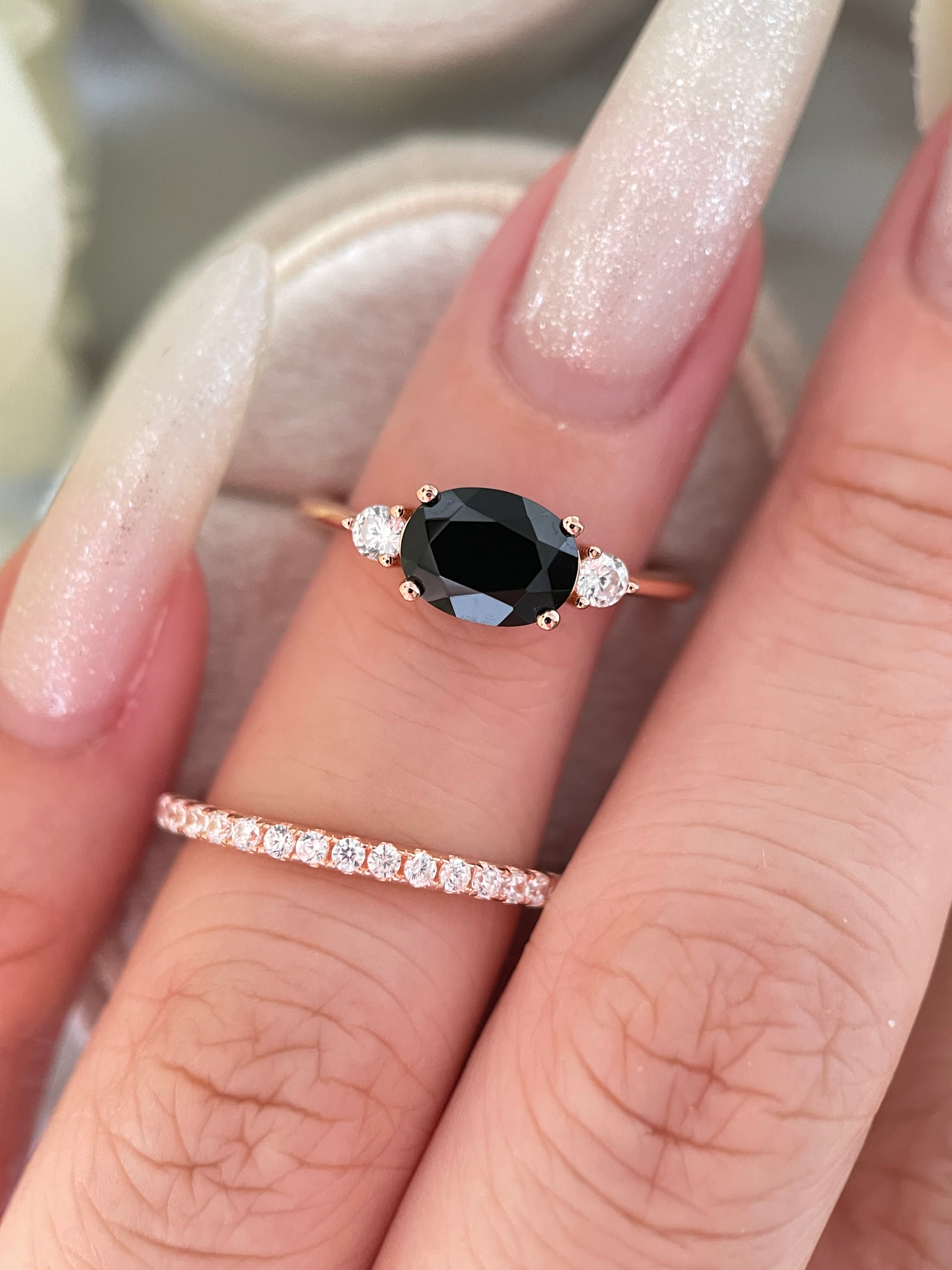 【Ensemble Onyx Vertex】Ensemble de 2 bagues de fiançailles ovales en onyx noir naturel fait main, 1,5 ct