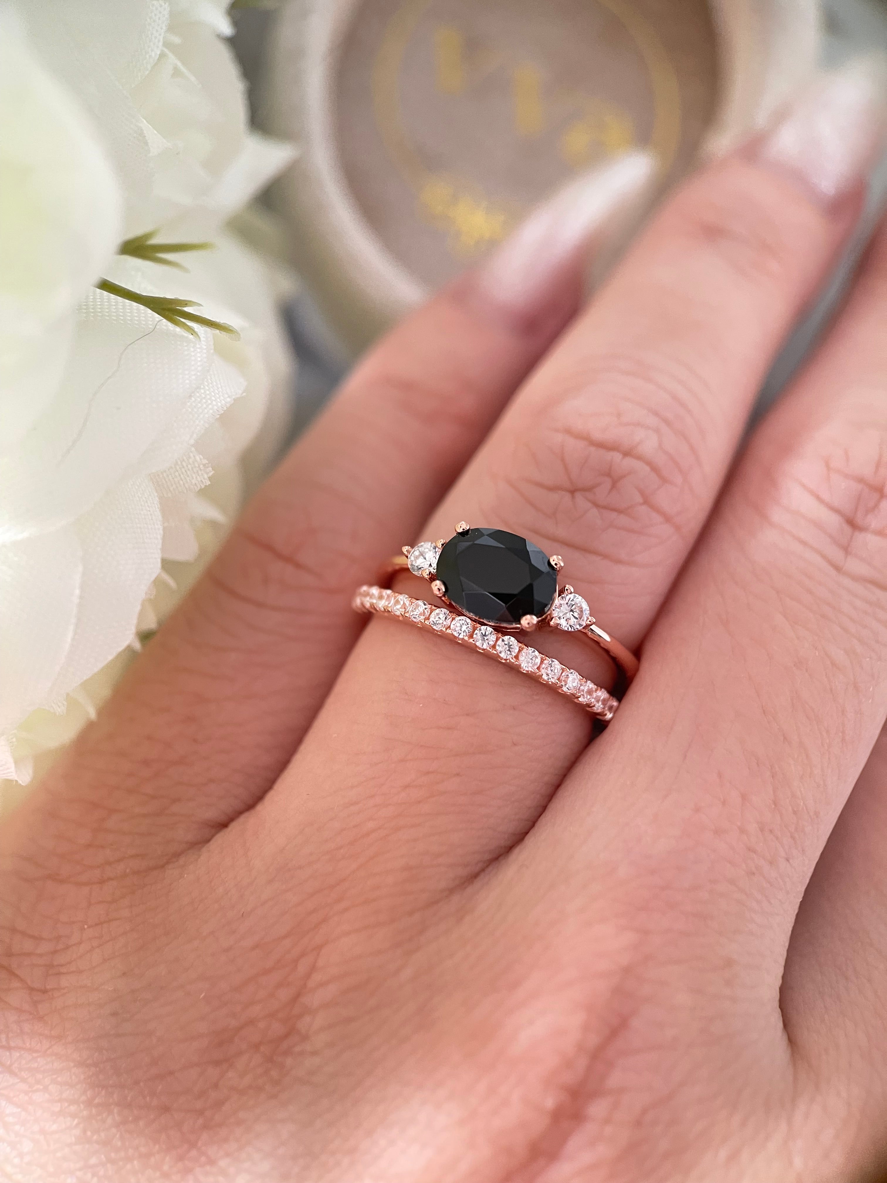 【Ensemble Onyx Vertex】Ensemble de 2 bagues de fiançailles ovales en onyx noir naturel fait main, 1,5 ct