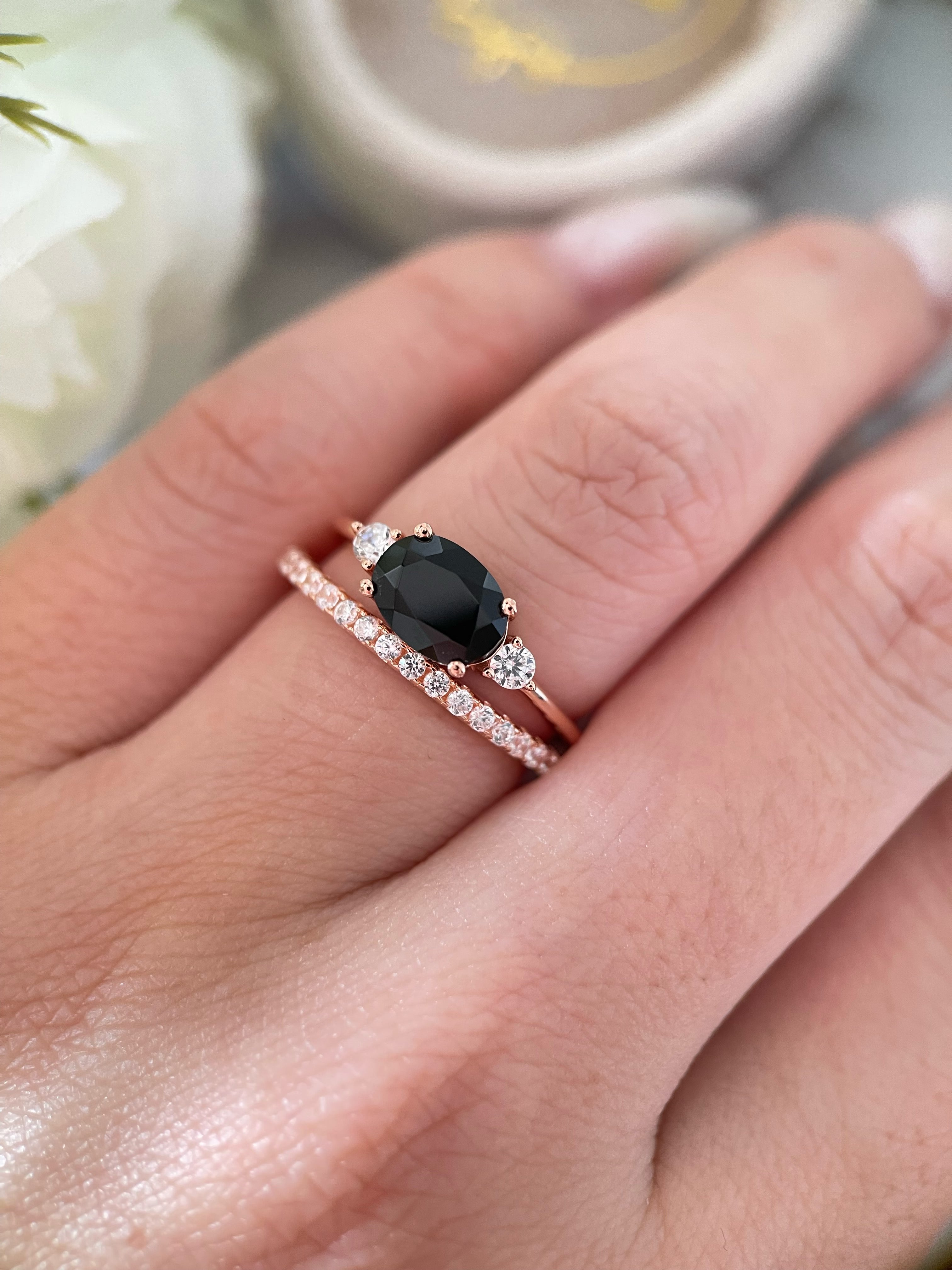 【Ensemble Onyx Vertex】Ensemble de 2 bagues de fiançailles ovales en onyx noir naturel fait main, 1,5 ct