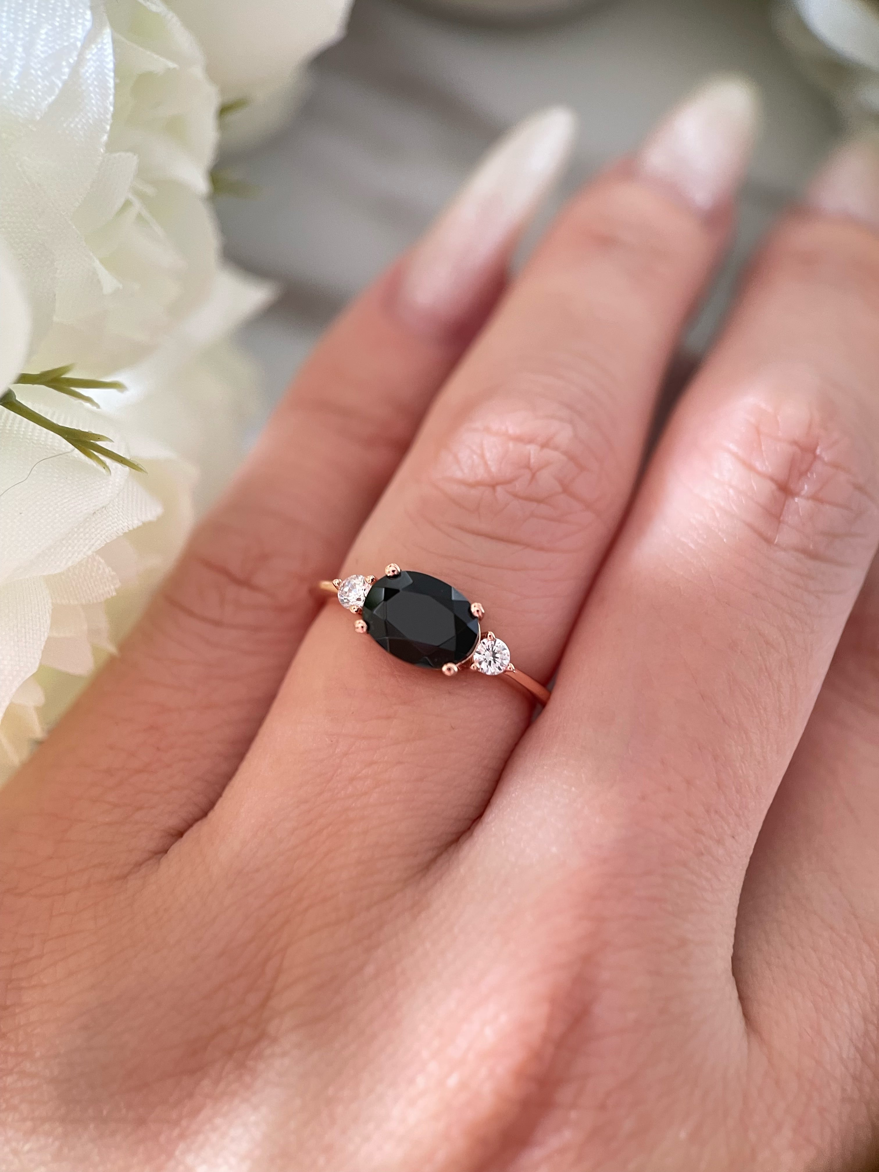 【Onyx Vertex】Handmade Natural Black Onyx Engagement Ring 1.5ct Oval Cut