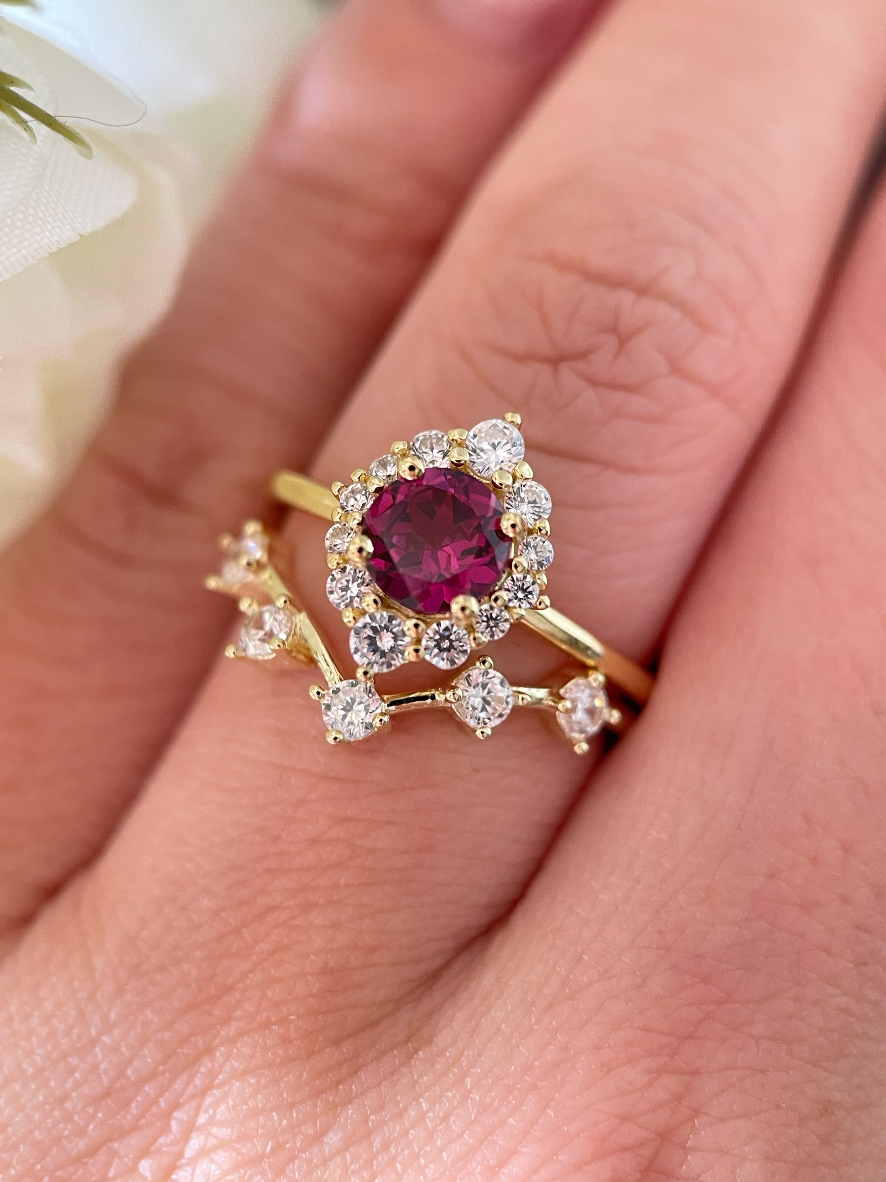 【Ensemble Cerise】Ensemble de 2 bagues de fiançailles en grenat rhodolite naturel fait main, 0,8 ct, forme ronde