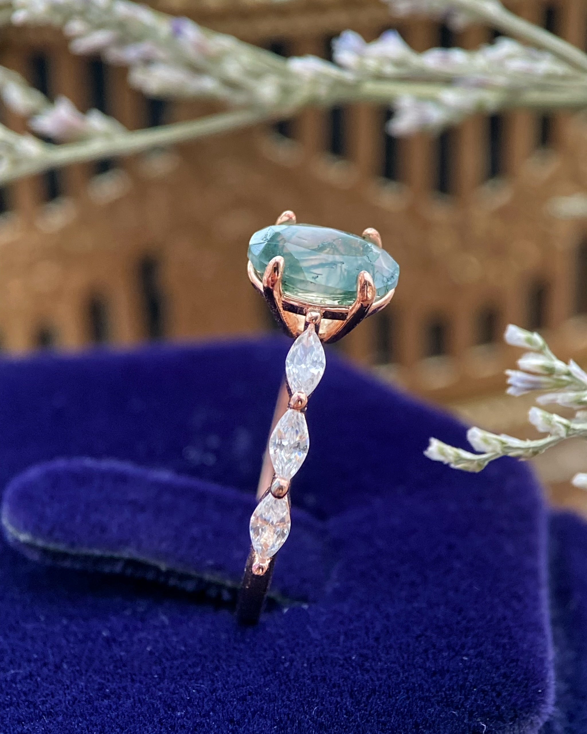 【Greenwood】Bague de fiançailles unique en agate mousse naturelle faite à la main, 1,5 ct, forme ovale