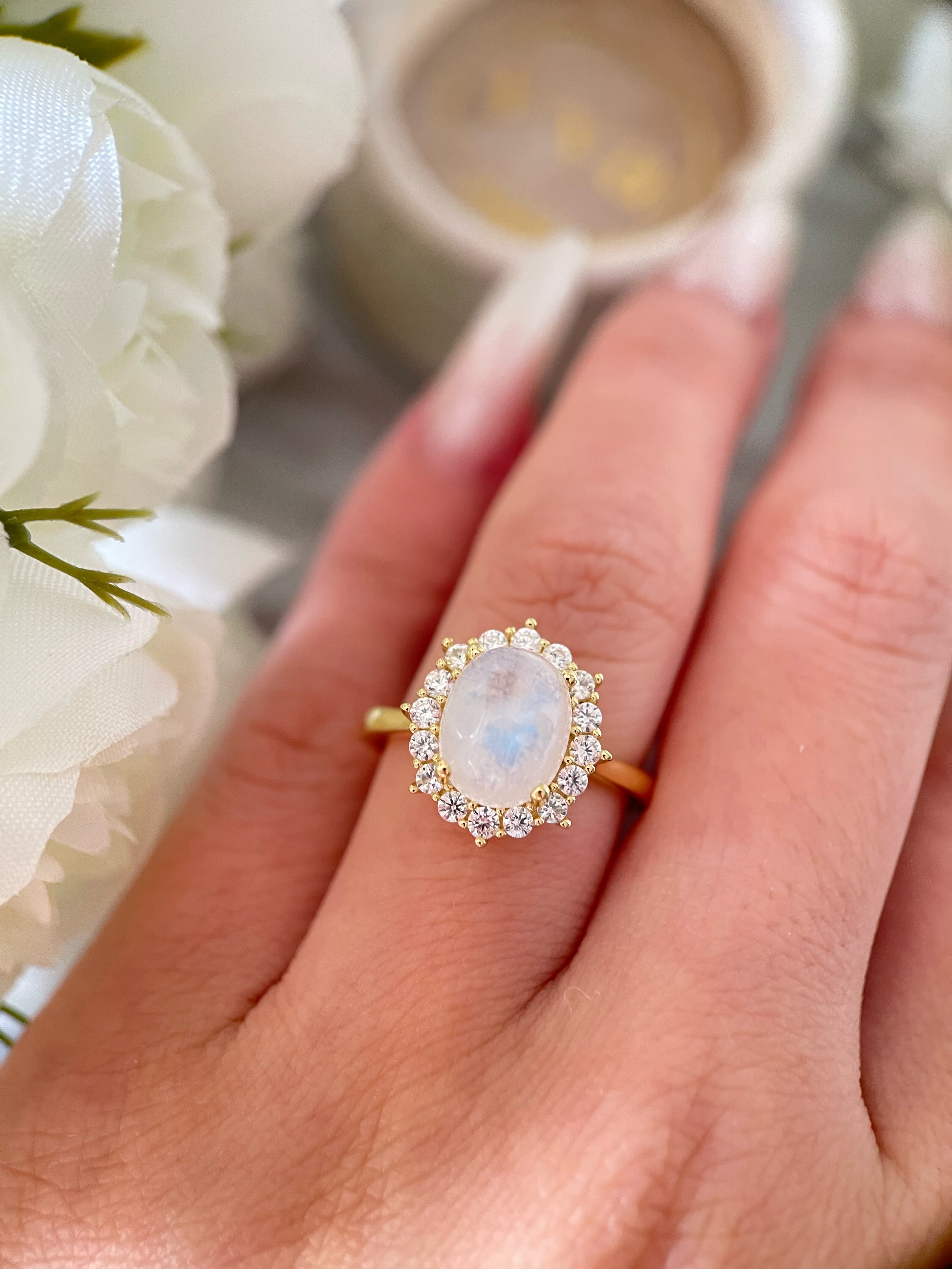 【SELENE】Bague de fiançailles unique, faite main, en pierre de lune bleue naturelle ovale de 3 carats