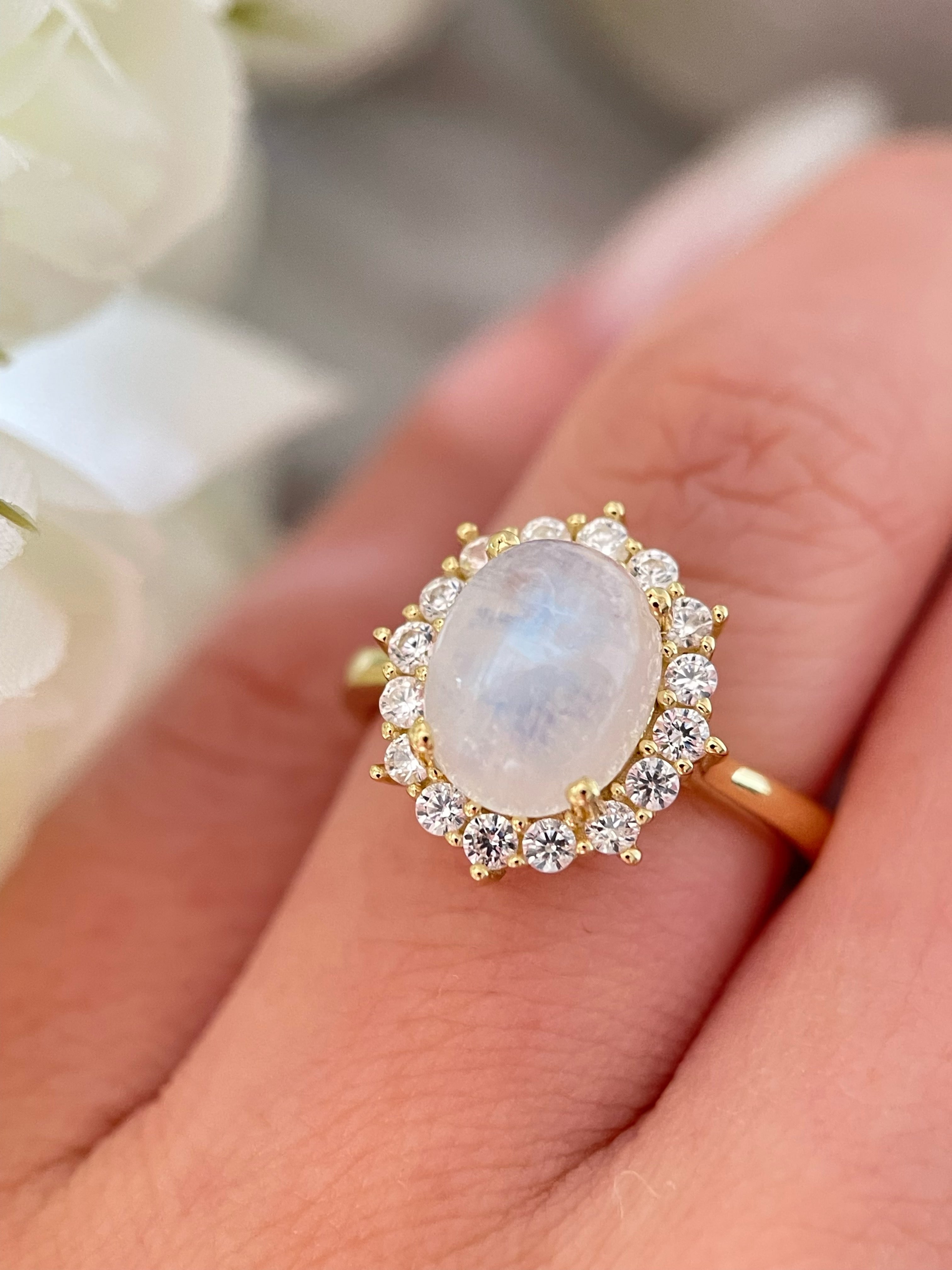 【SELENE】Bague de fiançailles unique, faite main, en pierre de lune bleue naturelle ovale de 3 carats
