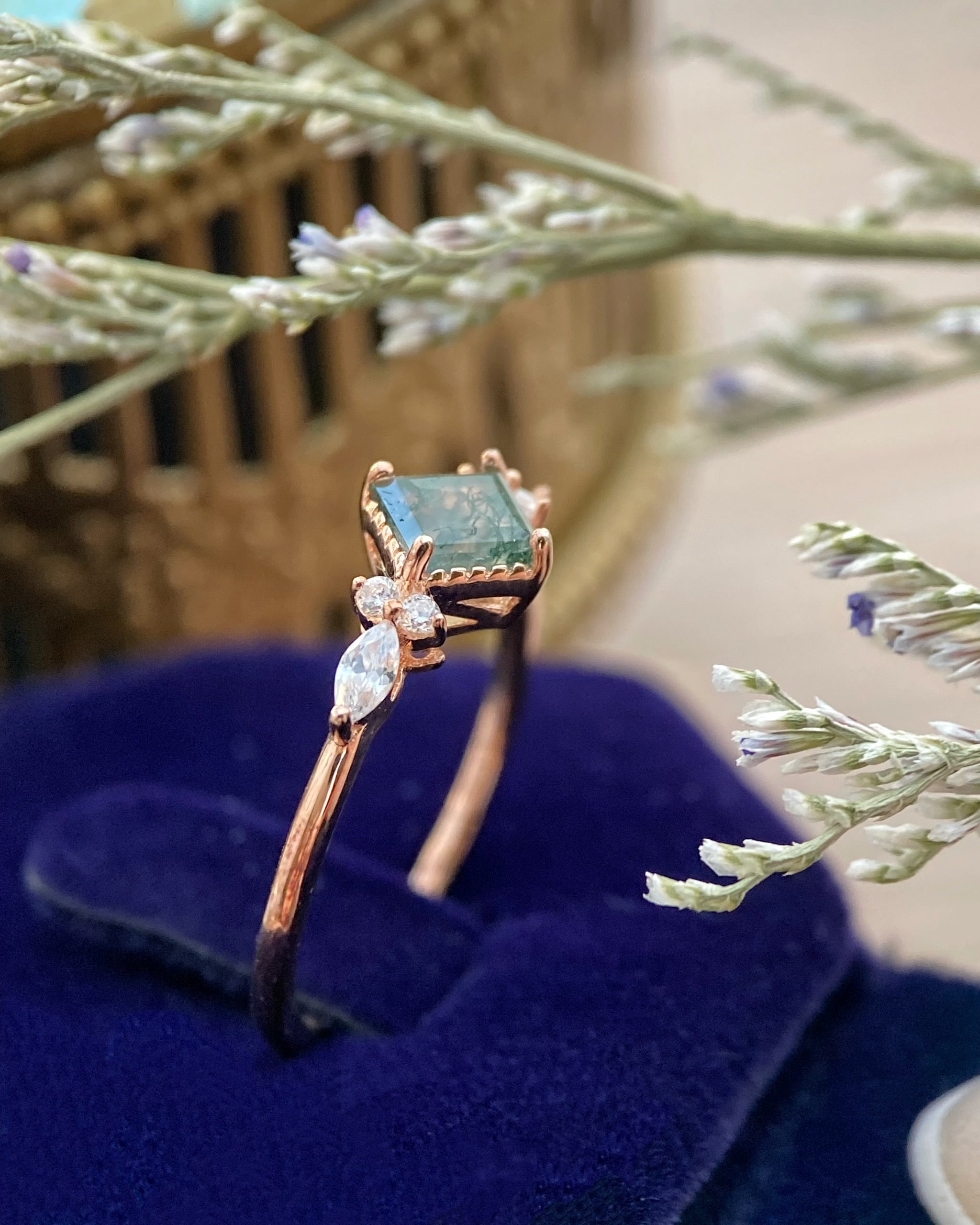 【GAIA】Unique Handmade Natural Moss Agate Engagement Ring 0.75ct Princess Cut