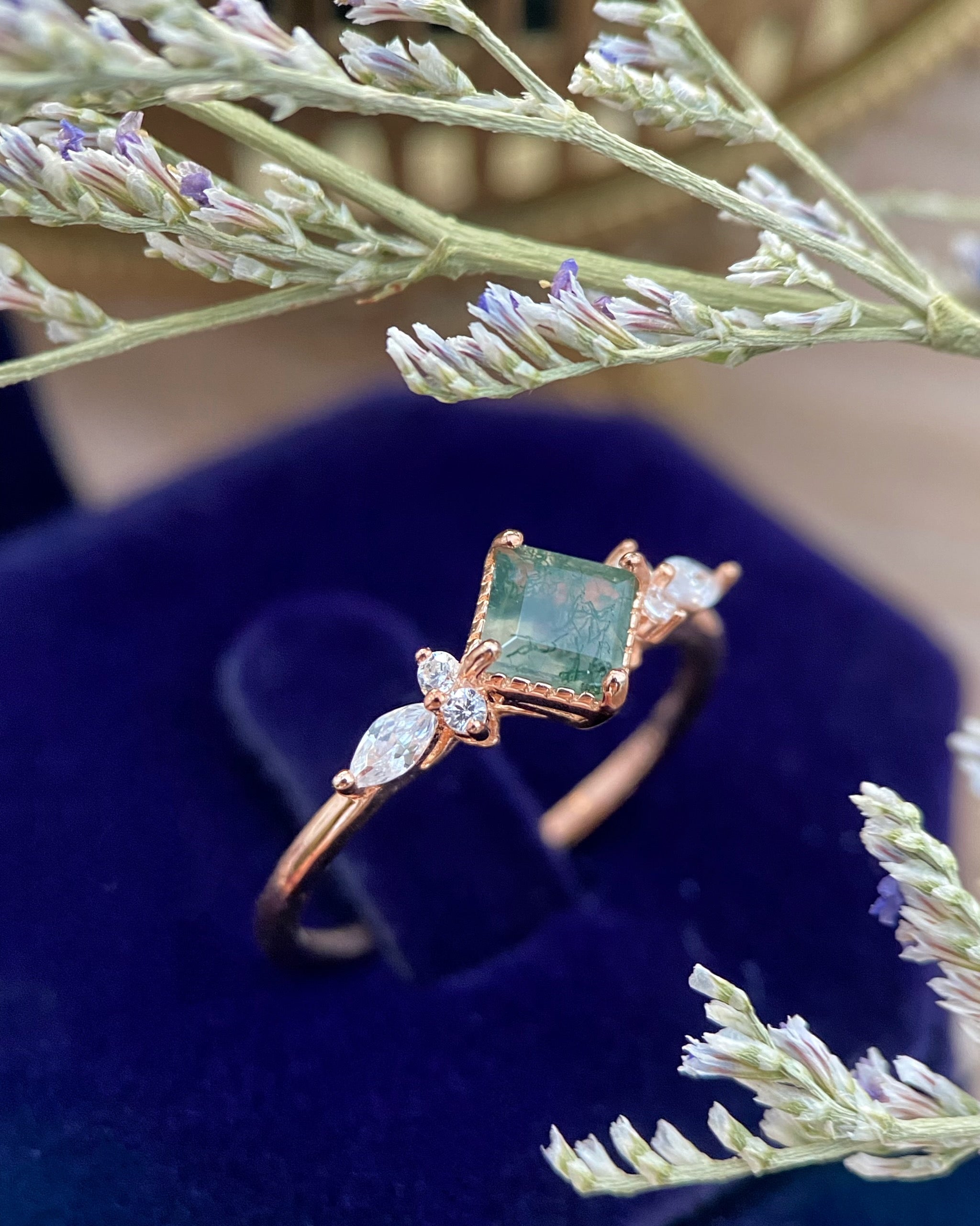 【GAIA】Unique Handmade Natural Moss Agate Engagement Ring 0.75ct Princess Cut
