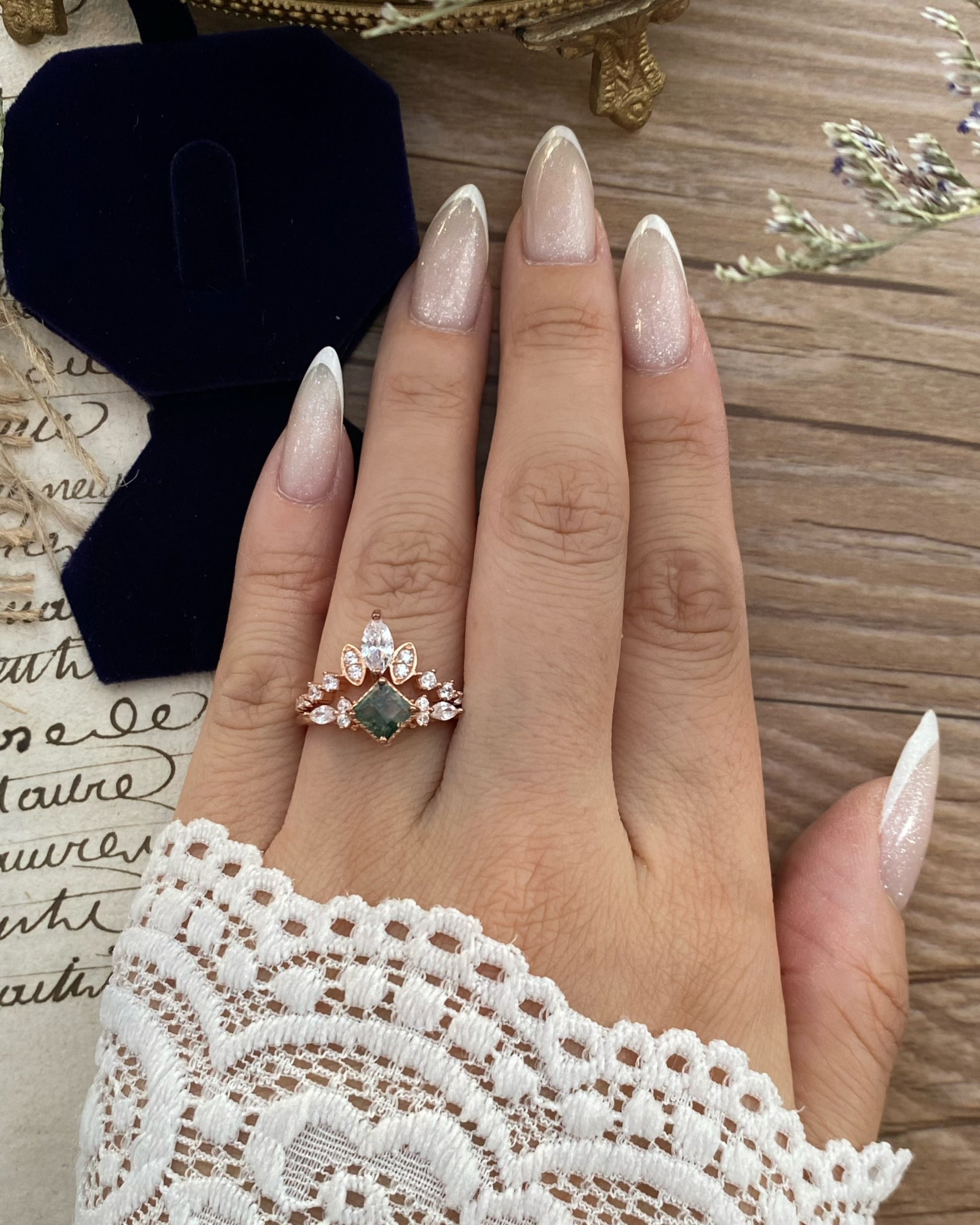【GAIA SET】Unique Handmade Natural Moss Agate Engagement Ring Set 2pcs 0.75ct Princess Cut