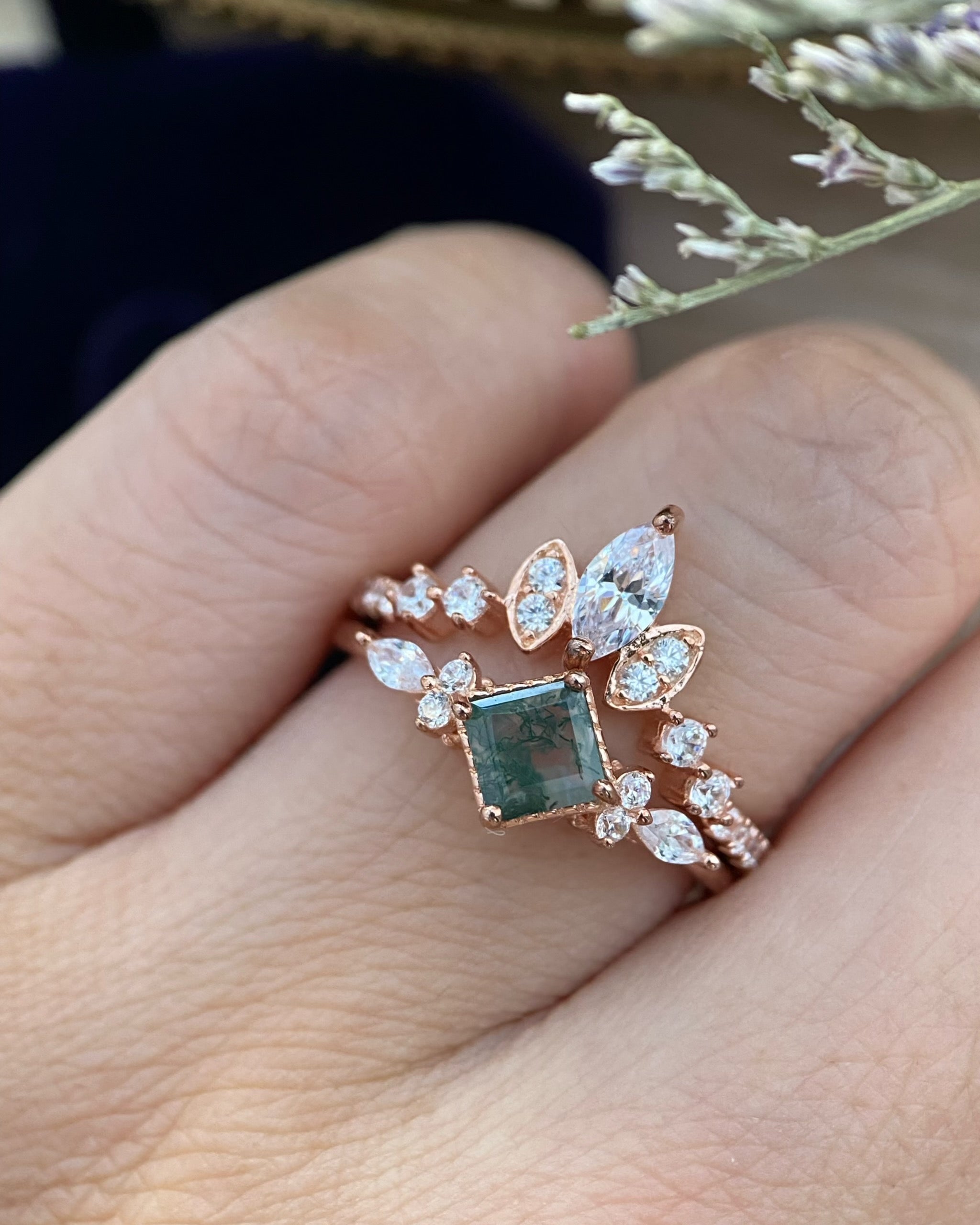 【GAIA SET】Unique Handmade Natural Moss Agate Engagement Ring Set 2pcs 0.75ct Princess Cut