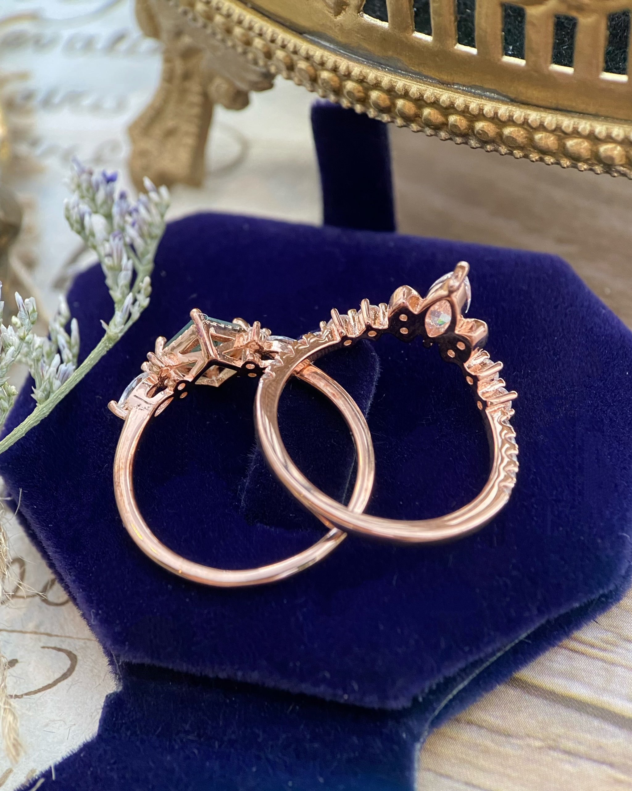 【GAIA SET】Unique Handmade Natural Moss Agate Engagement Ring Set 2pcs 0.75ct Princess Cut