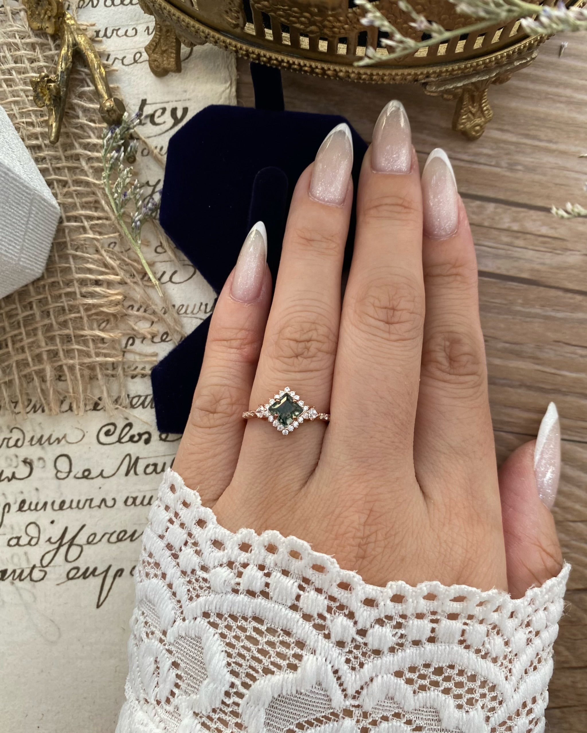 RHIANNON | Unique Handmade Natural Moss Agate Engagement Ring Princess Cut 0.75ct