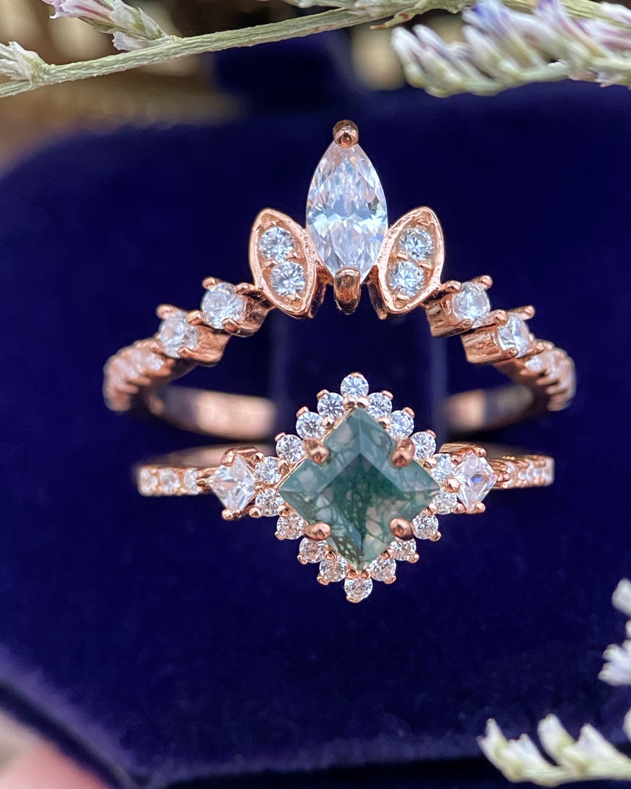 【RHIANNON SET】Unique Handmade Natural Moss Agate Engagement Ring Set 2pcs Princess Cut 0.75ct