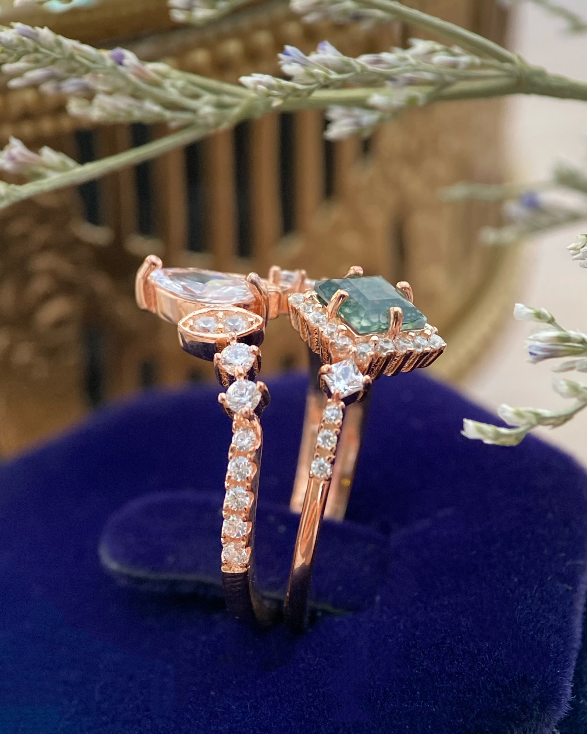【RHIANNON SET】Unique Handmade Natural Moss Agate Engagement Ring Set 2pcs Princess Cut 0.75ct