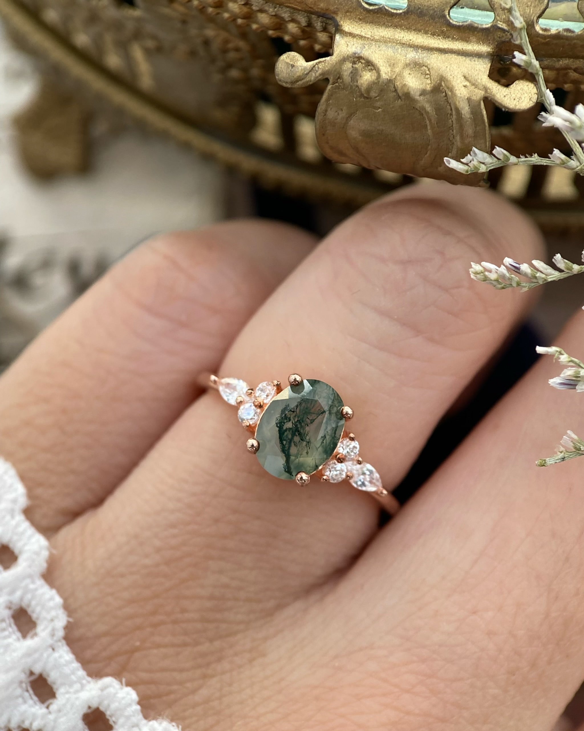 【Gala Garden】Unique Handmade Natural Moss Agate Engagement Ring 1.5ct Oval Cut