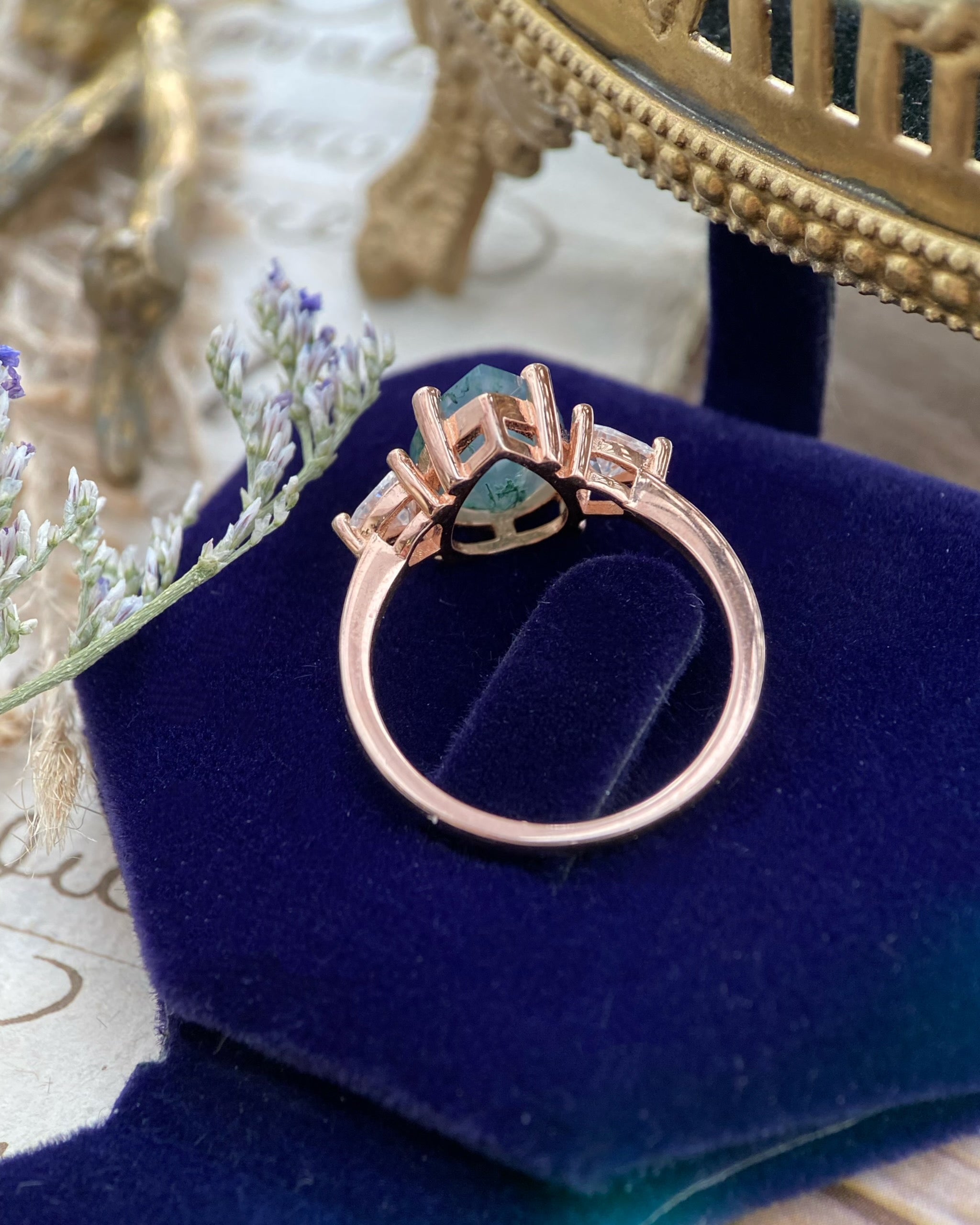 HAZEL | Unique Handmade Natural Moss Agate Engagement Ring 3ct Pear Shape