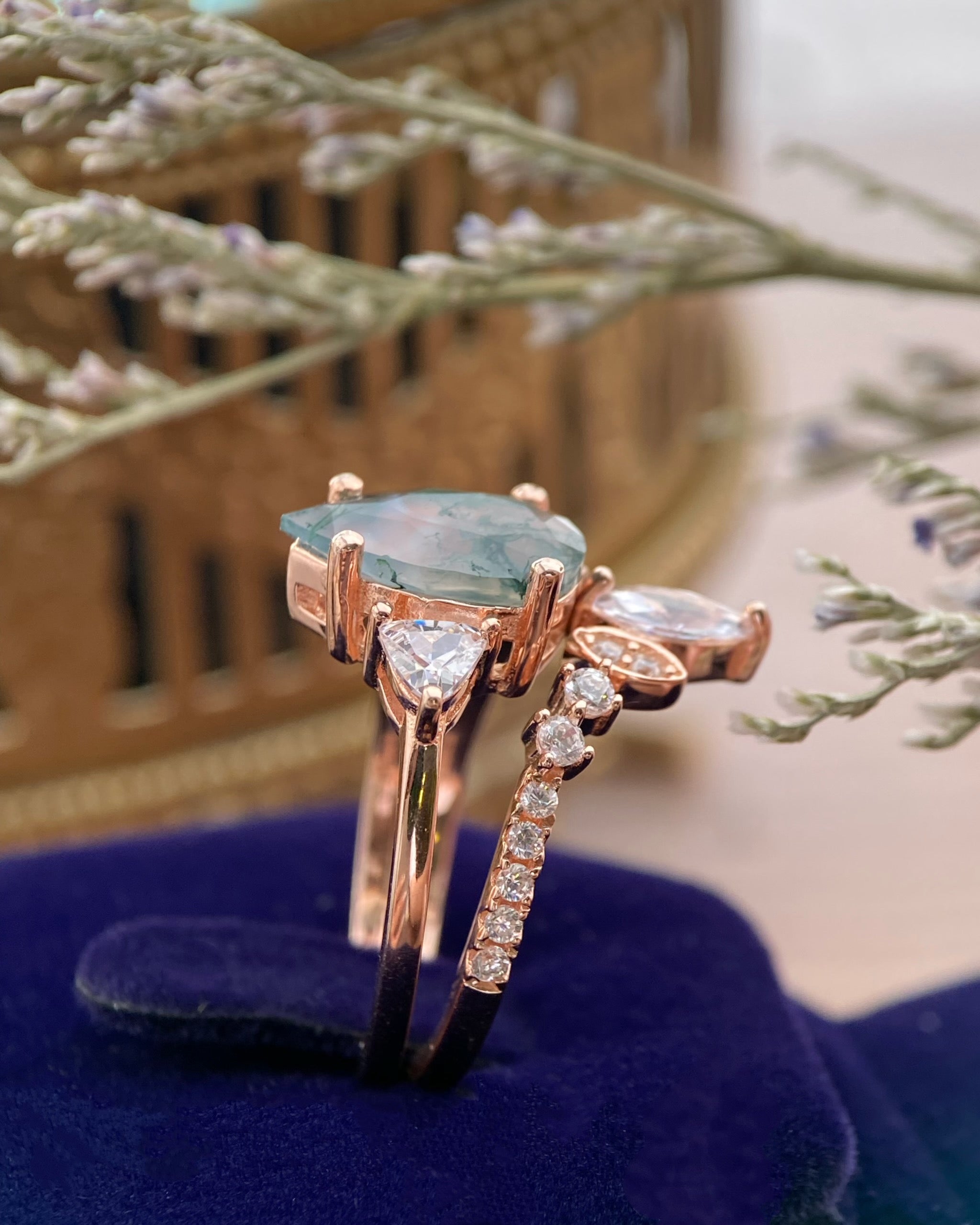【ENSEMBLE NOISETTE】Ensemble de 2 bagues de fiançailles uniques, faites à la main, en agate mousse naturelle, 3 carats, forme poire