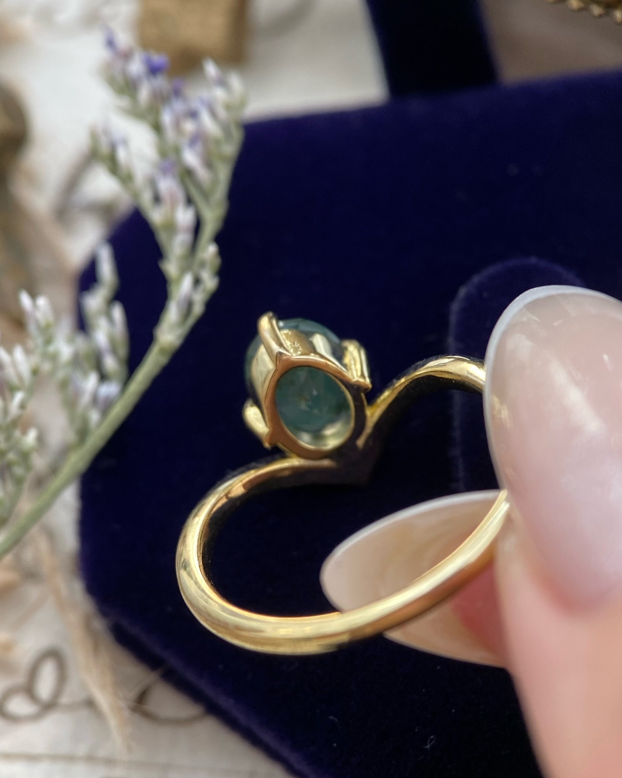 【JADE】Unique Handmade Natural Moss Agate Engagement Ring Oval Cut 1.5ct