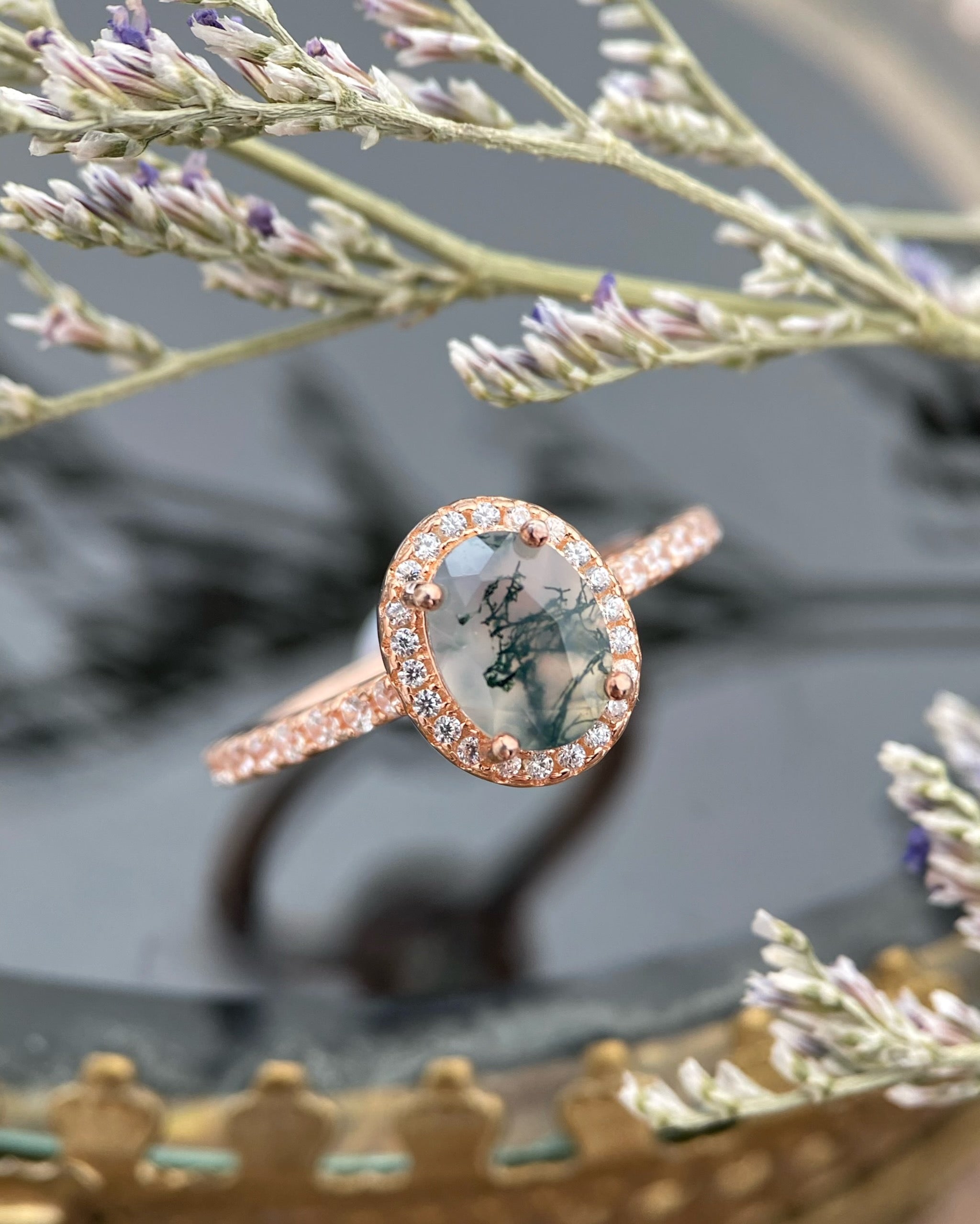 【Enchanted Grove】Unique Handmade Natural Moss Agate Engagement Ring 1.5ct Oval Cut