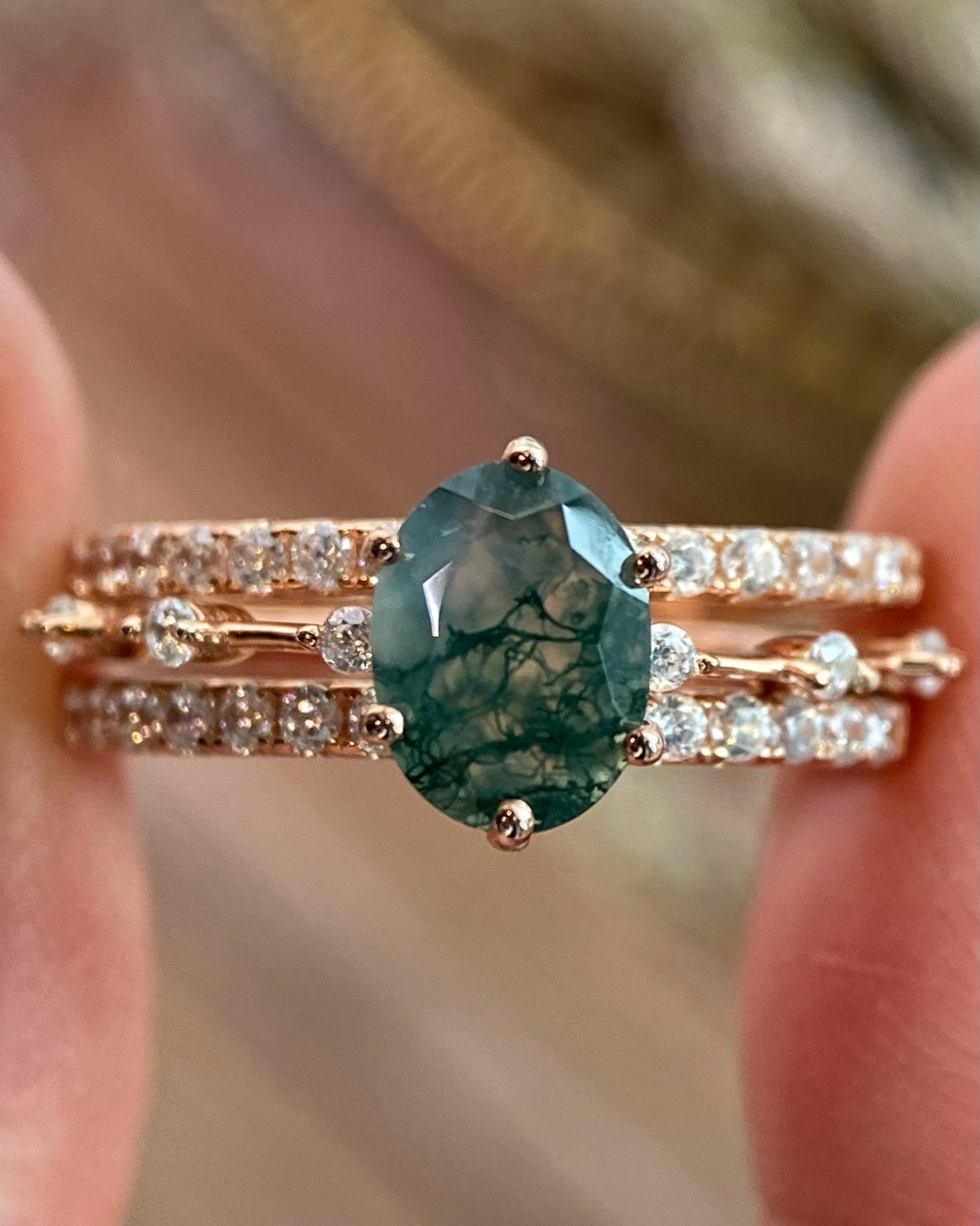 【Rootkeeper Set】Unique Handmade Natural Moss Agate Engagement Ring Set 3pcs 1.5ct Oval Cut