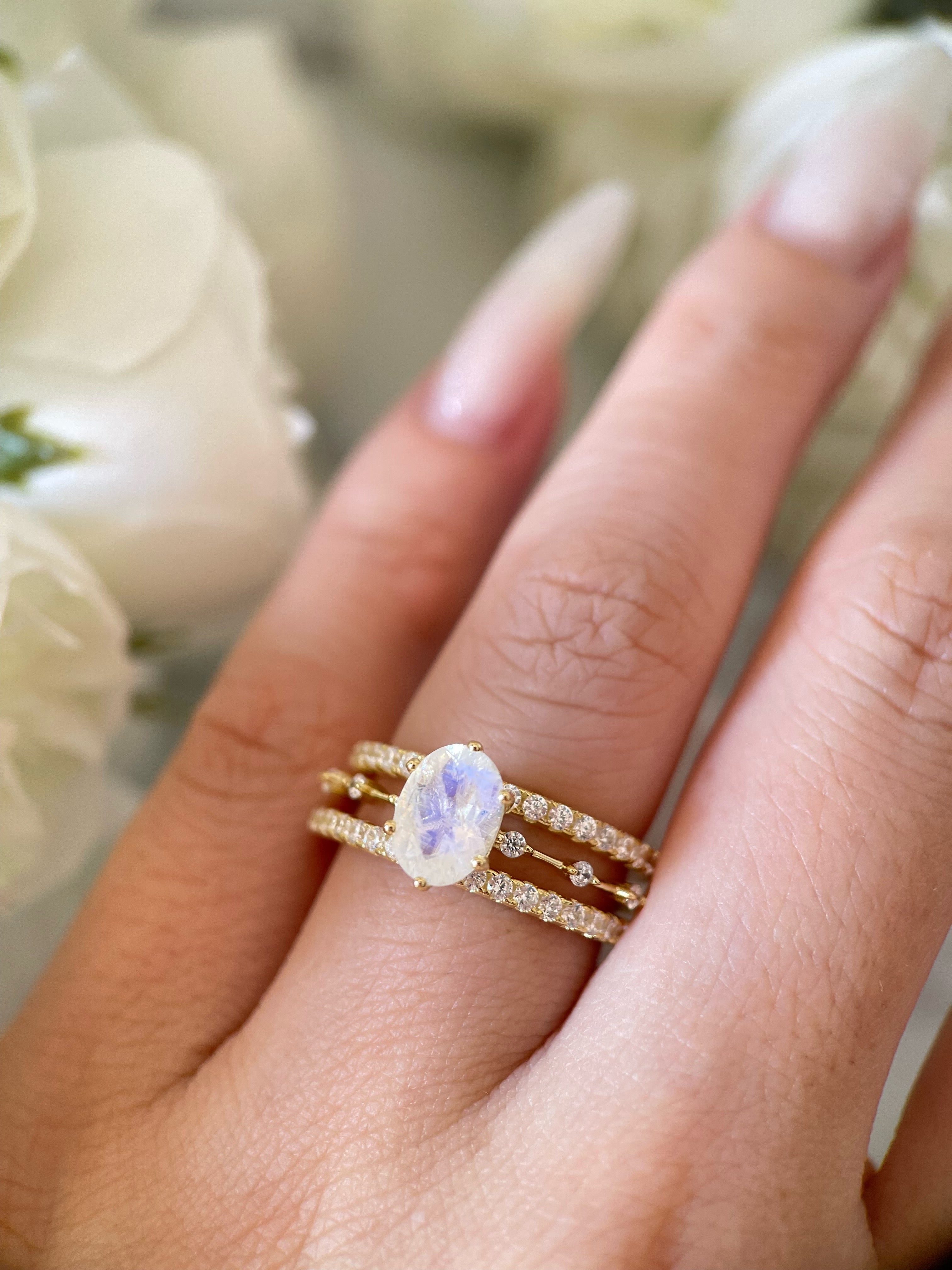 【Eternal Phases Set】Unique Handmade Natural Blue Moonstone Engagement Ring Set 3pcs 1.5ct Oval Cut