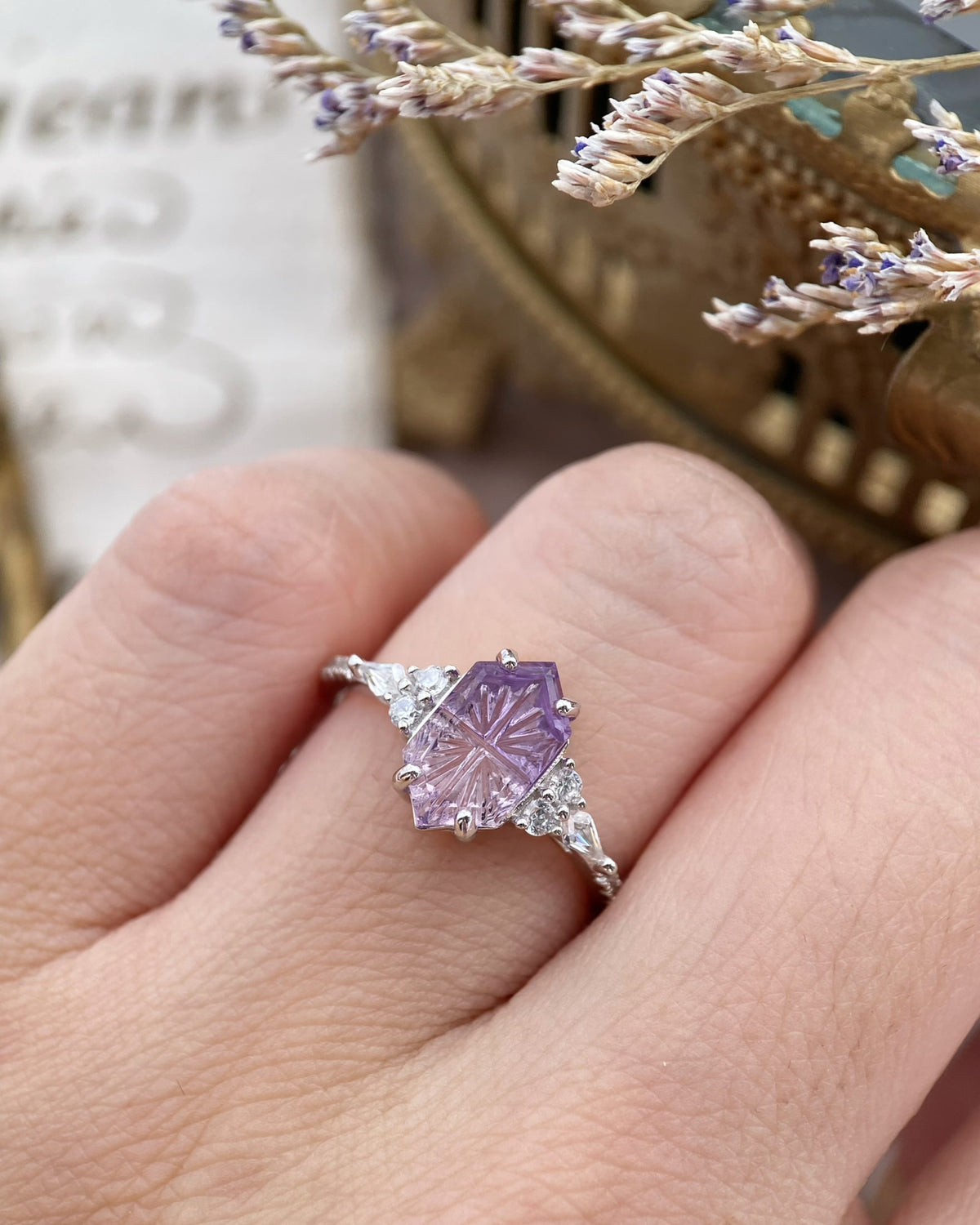 Amymone | Hexagon Natural Bicolor Amethyst Fantasy Cut Alternative Engagement Ring