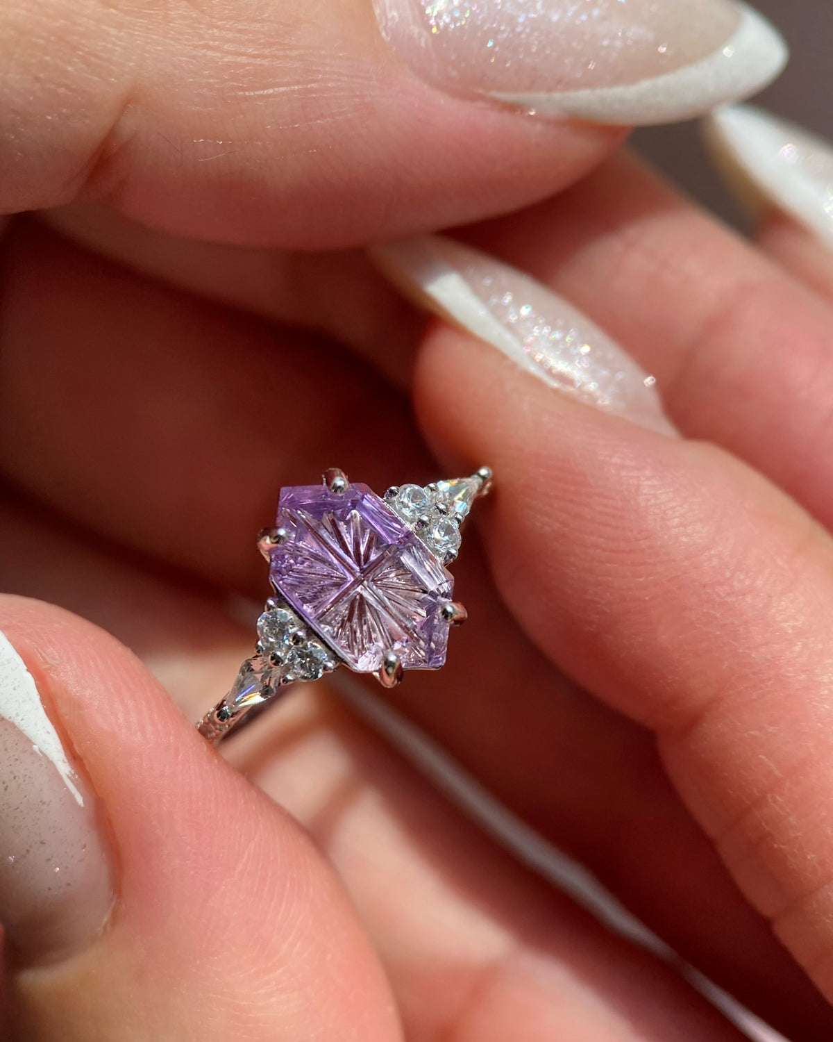 Amymone | Hexagon Natural Bicolor Amethyst Fantasy Cut Alternative Engagement Ring