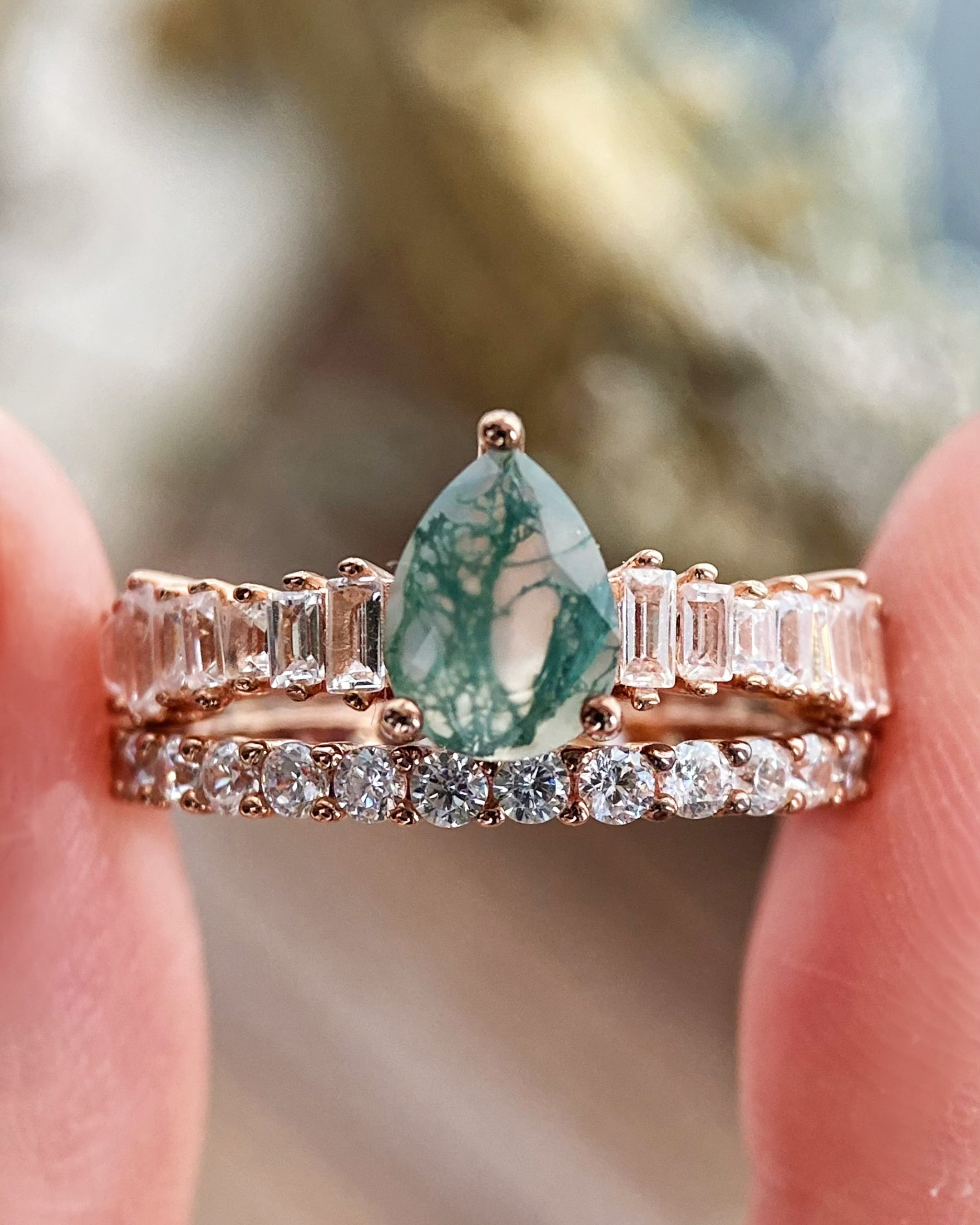 Dewdrop Canopy Set | Unique Handmade Natural Moss Agate Engagement Ring Set 2pcs 0.8ct Pear Shape