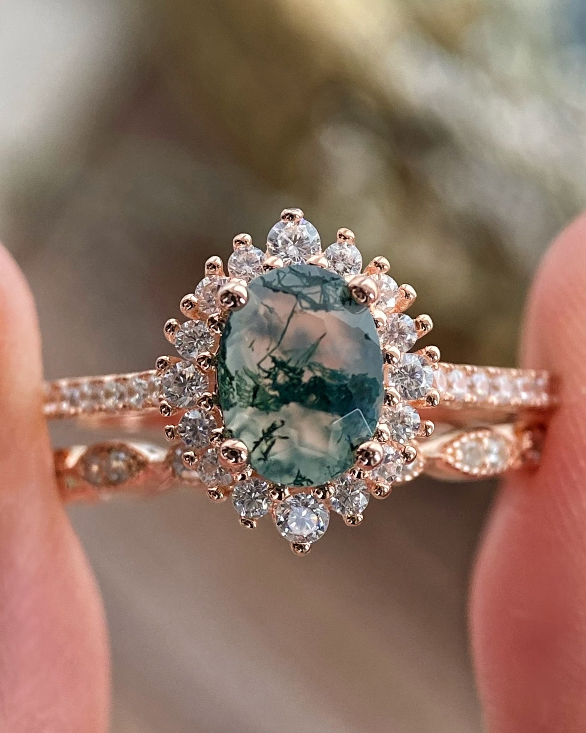 【Solara Set】Unique Handmade Natural Moss Agate Engagement Ring Set 2pcs 1.5ct Oval Cut