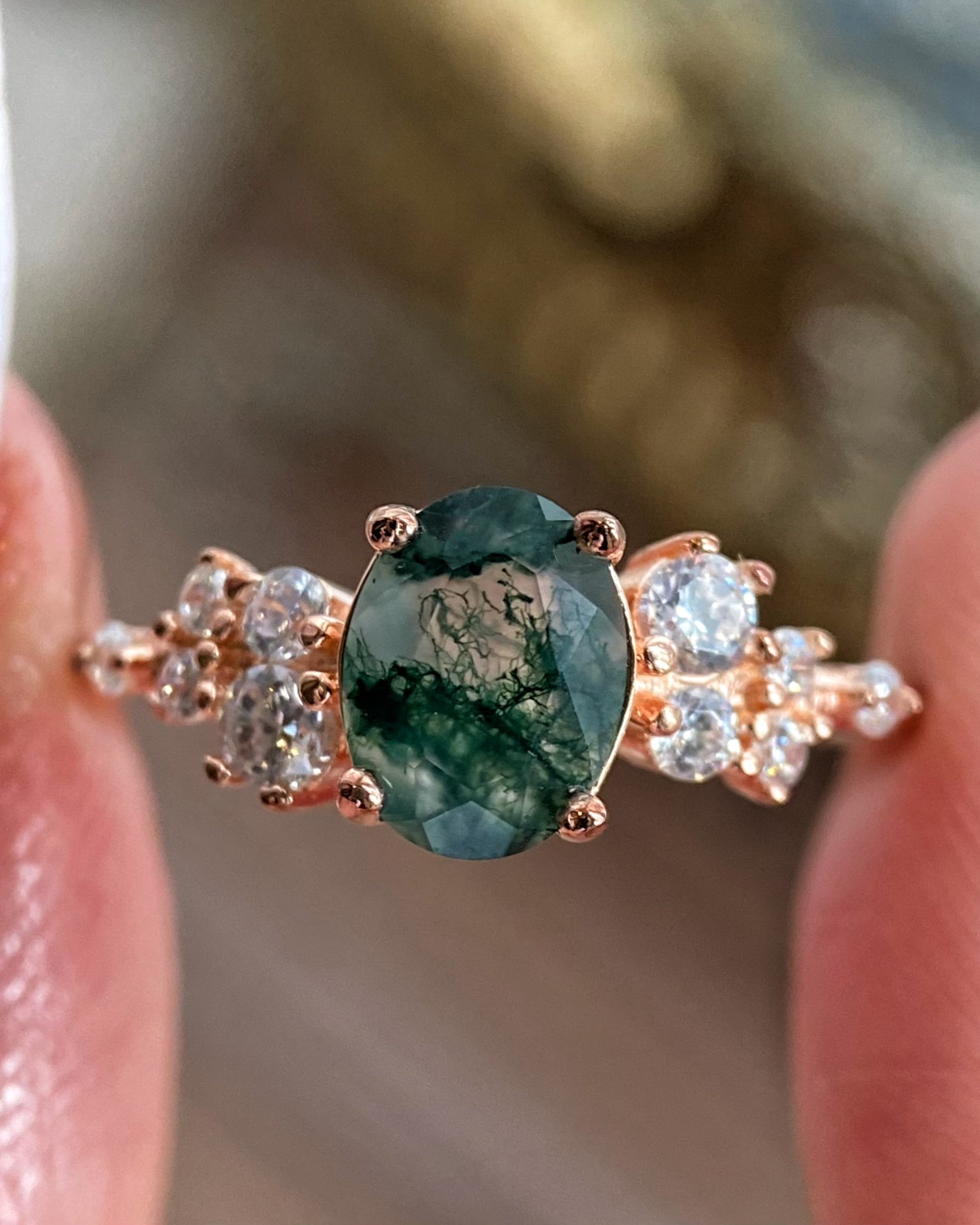 【Forest Glade】Unique Handmade Natural Moss Agate Engagement Ring 1.5ct Oval Cut