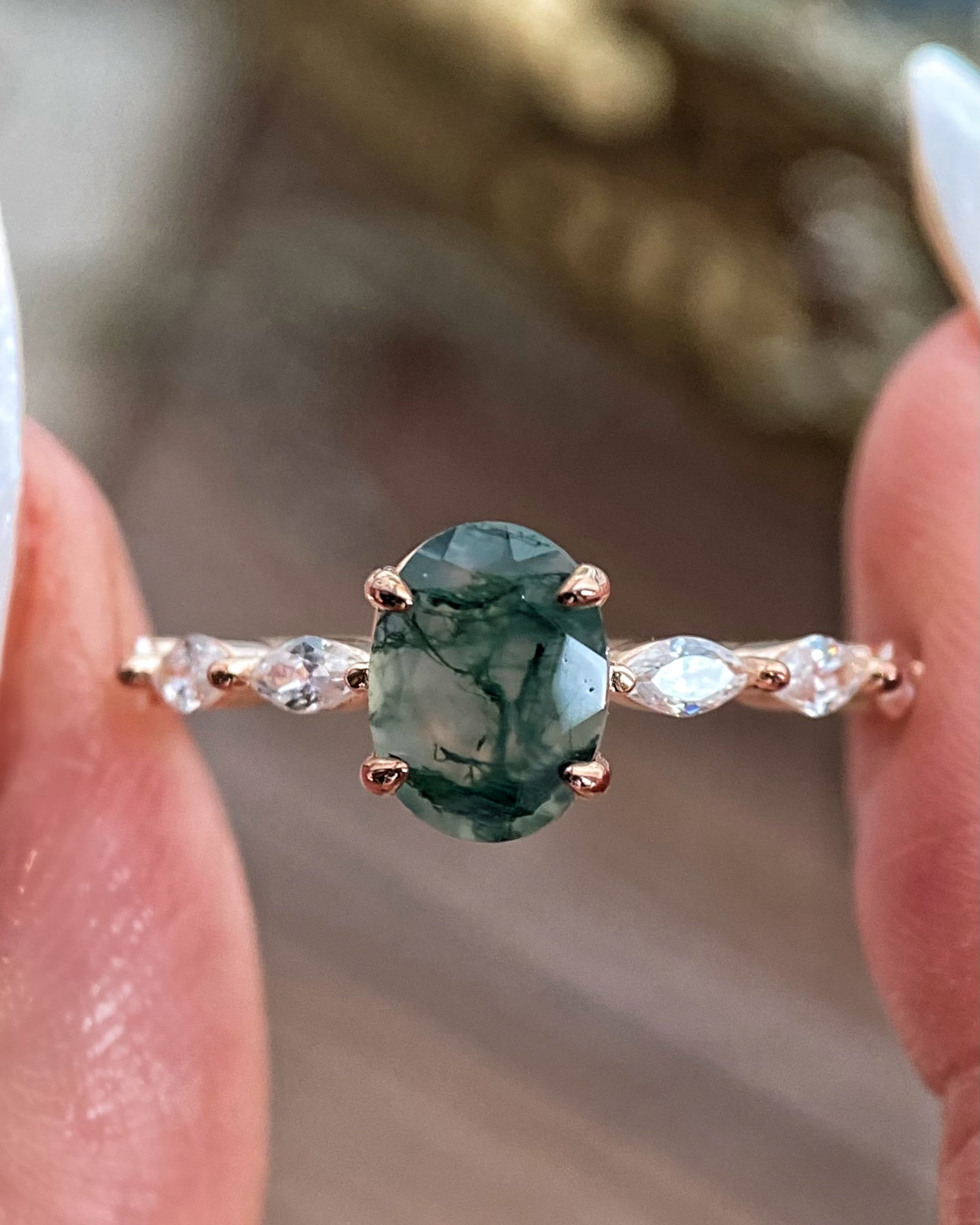 【Greenwood】Unique Handmade Natural Moss Agate Engagement Ring 1.5ct Oval Cut
