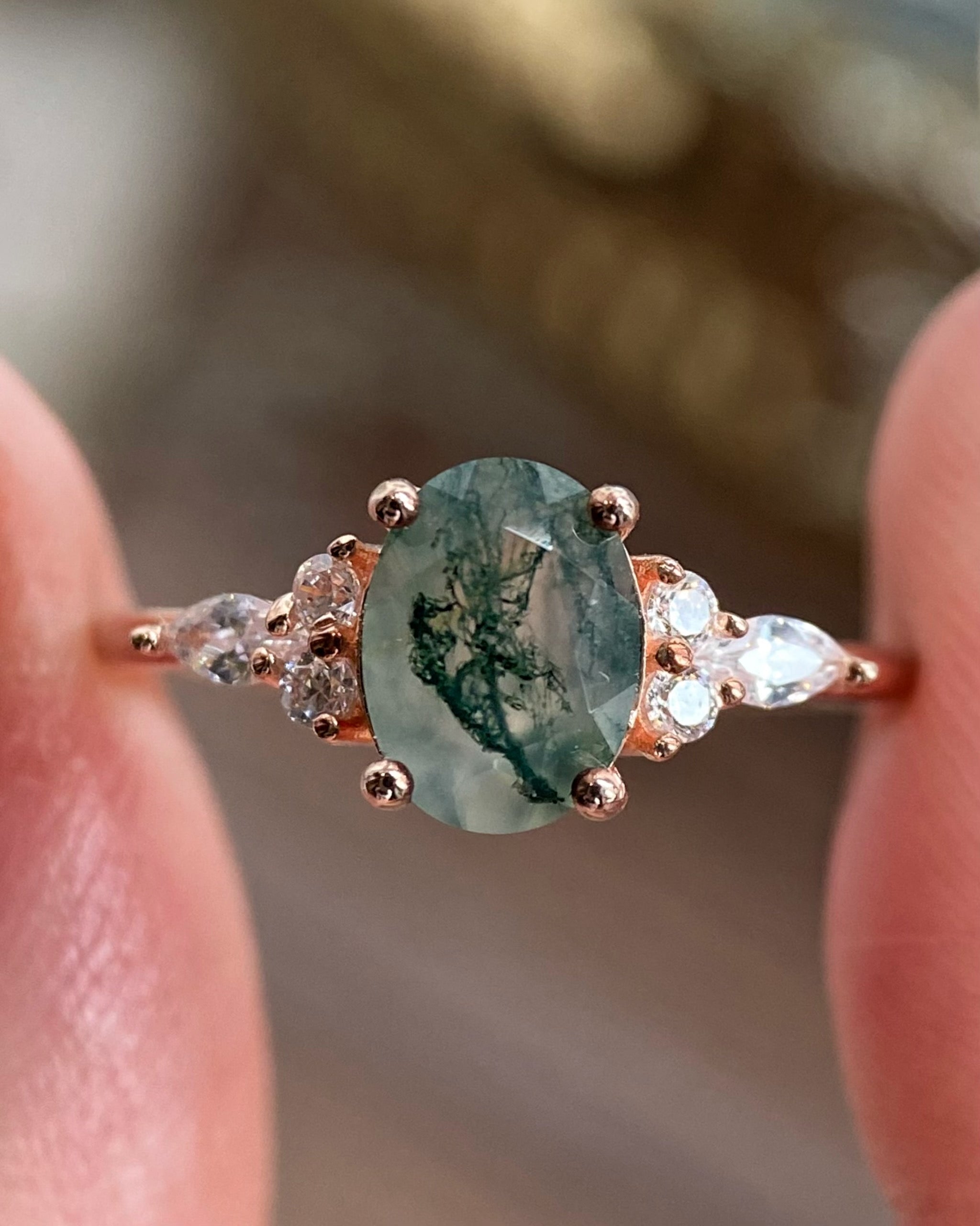 【Gala Garden】Unique Handmade Natural Moss Agate Engagement Ring 1.5ct Oval Cut