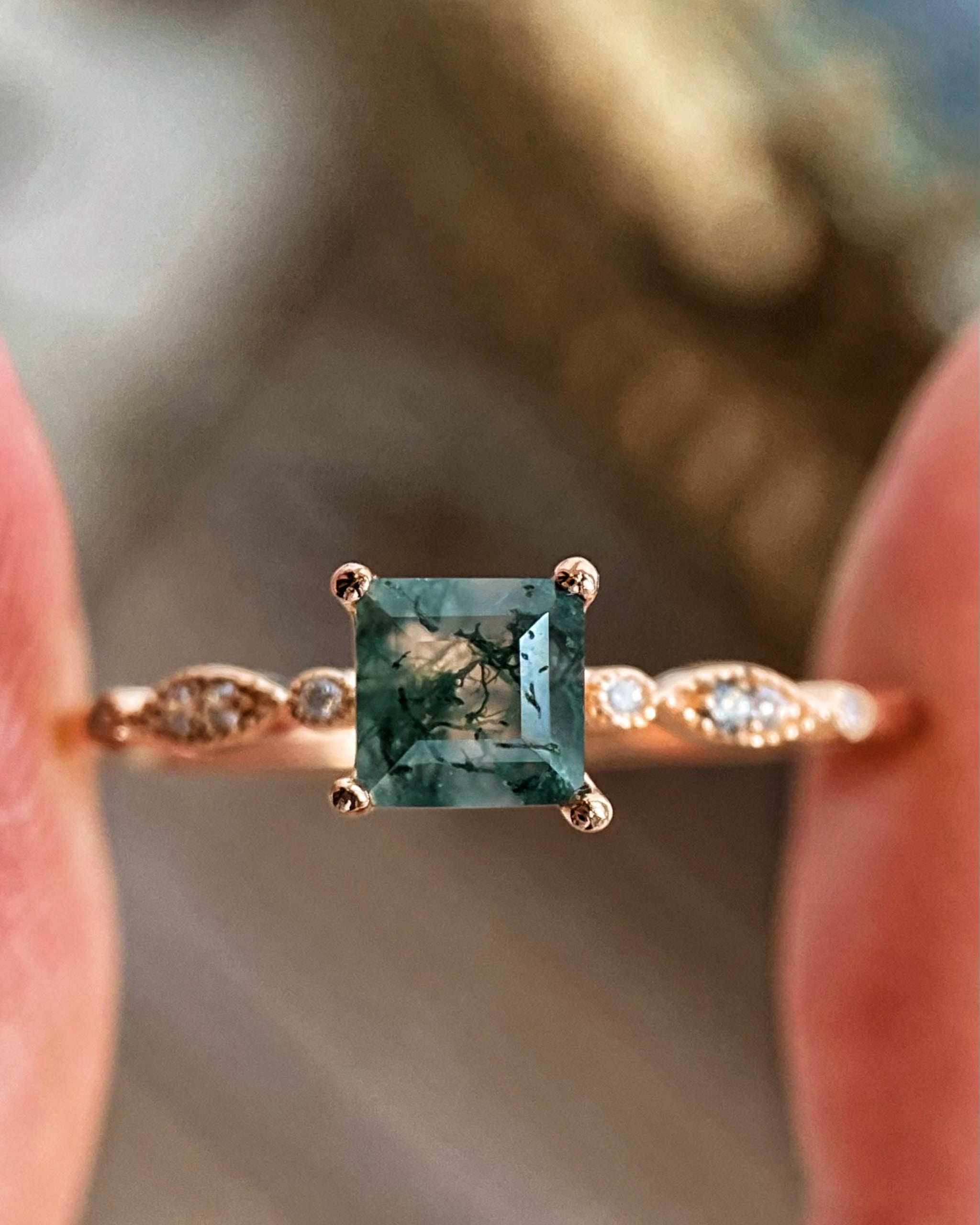 【OPHELIA】Unique Handmade Natural Moss Agate Engagement Ring 0.75ct Princess Cut