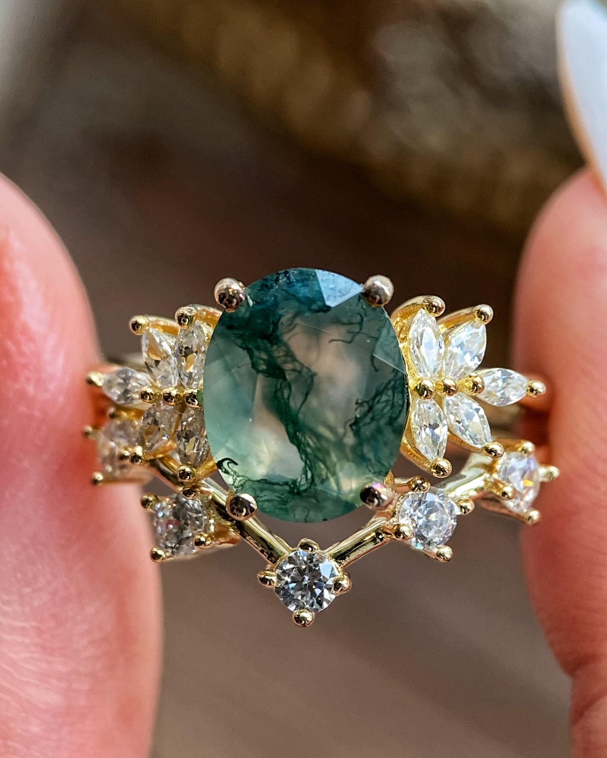 【SIERRA SET】Unique Handmade Natural Moss Agate Engagement Ring Set 2pcs Oval Cut 3ct