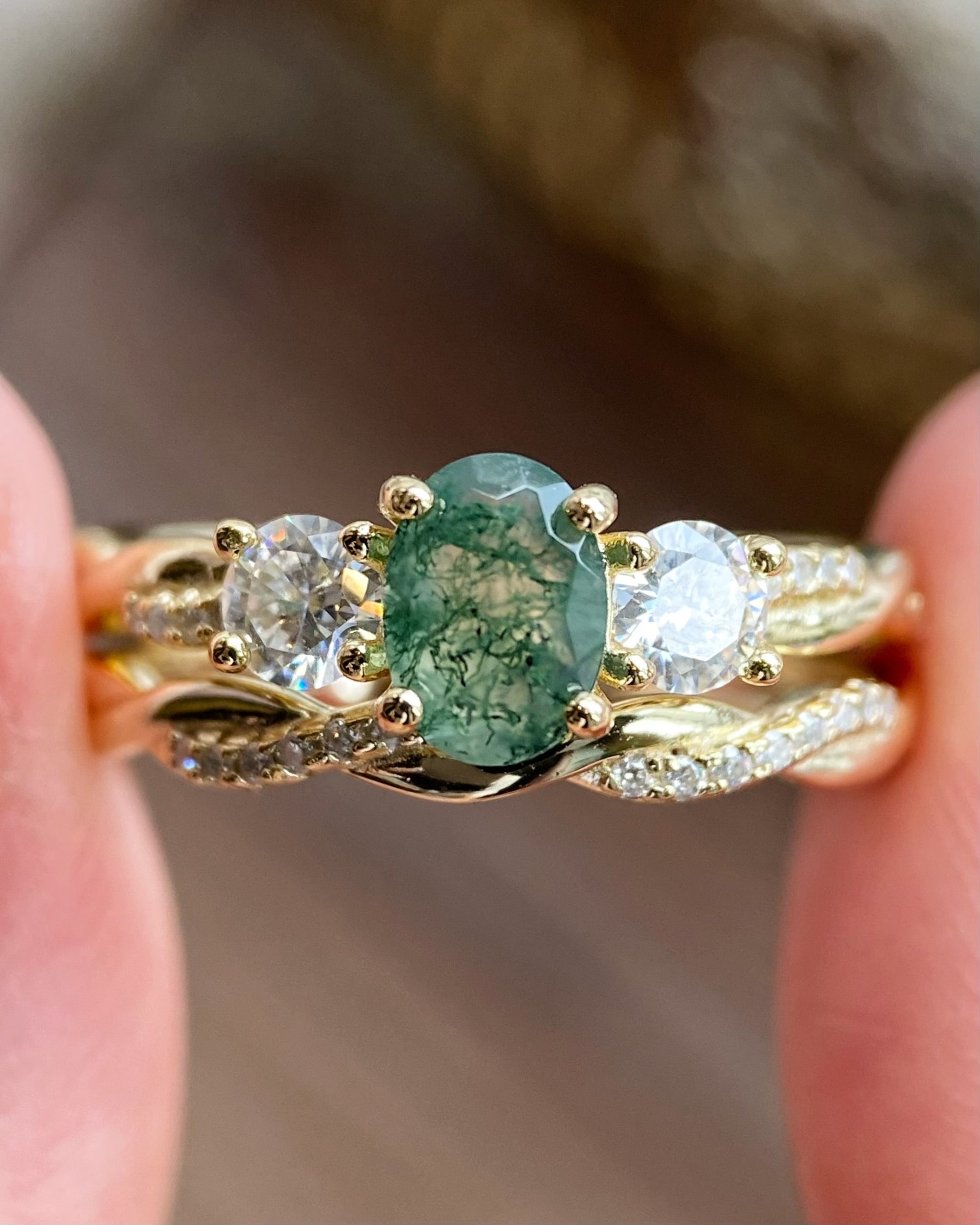 【Veritas】Unique Handmade Natural Moss Agate Engagement Ring Set 2pcs 0.75ct Oval Cut