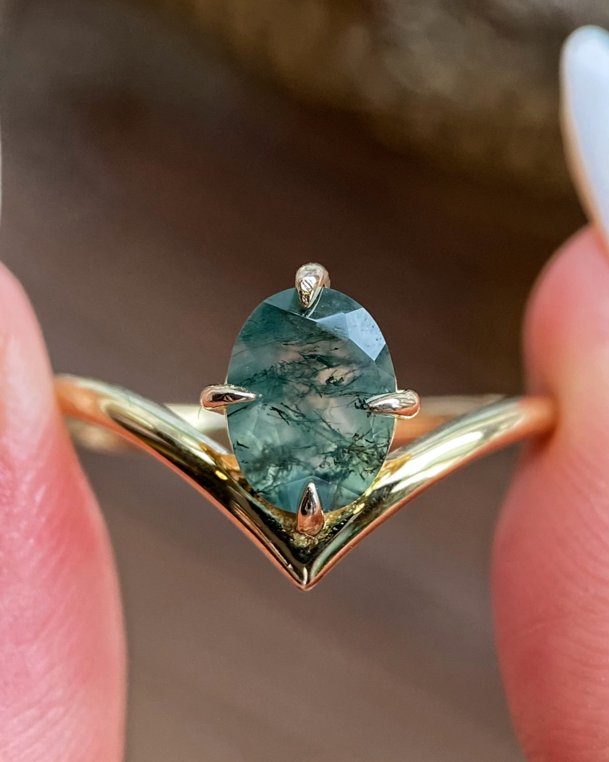 【JADE】Unique Handmade Natural Moss Agate Engagement Ring Oval Cut 1.5ct