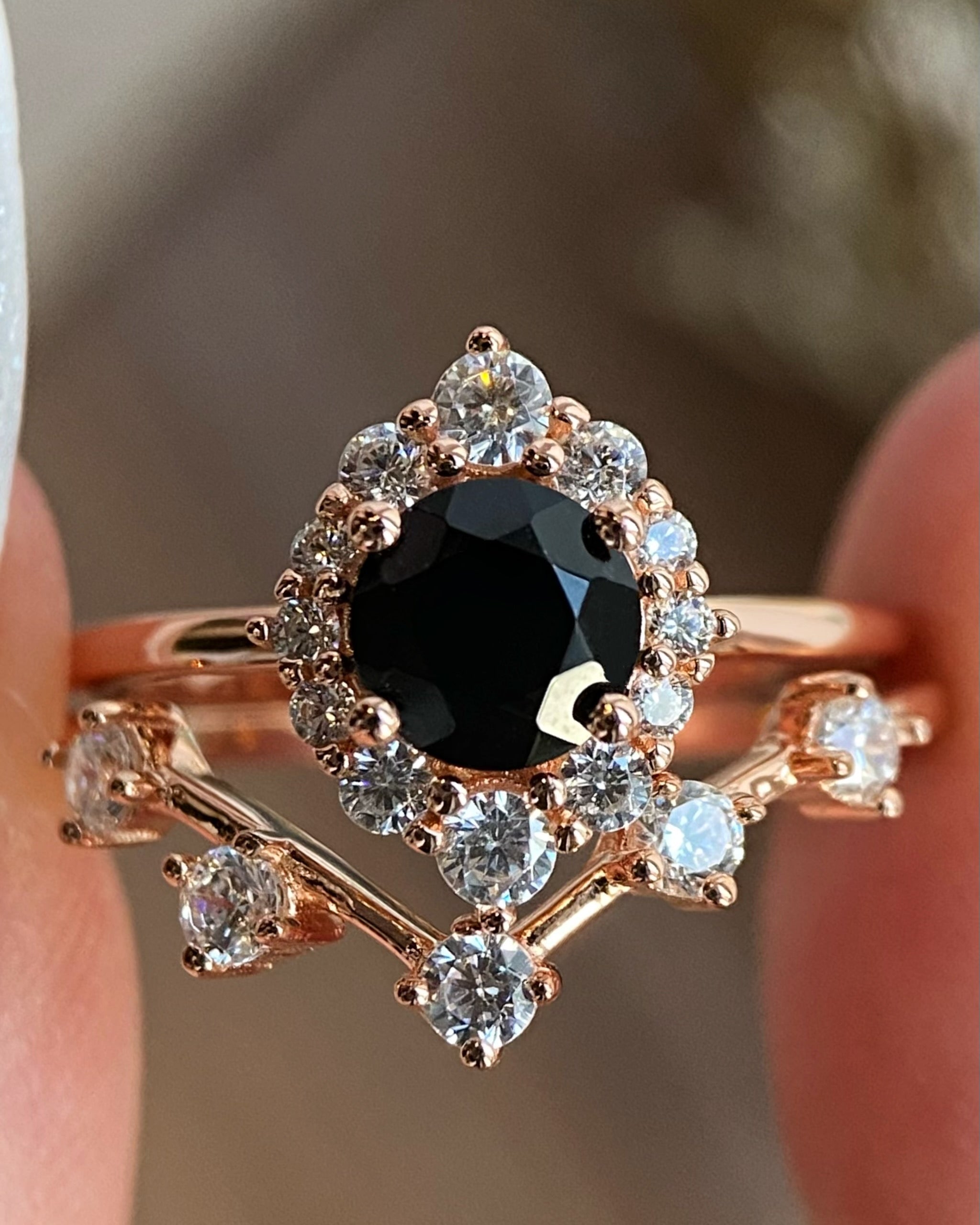 【Isolde Set】Unique Handmade Natural Black Onyx Engagement Ring Set 2pcs 0.8ct Round Cut