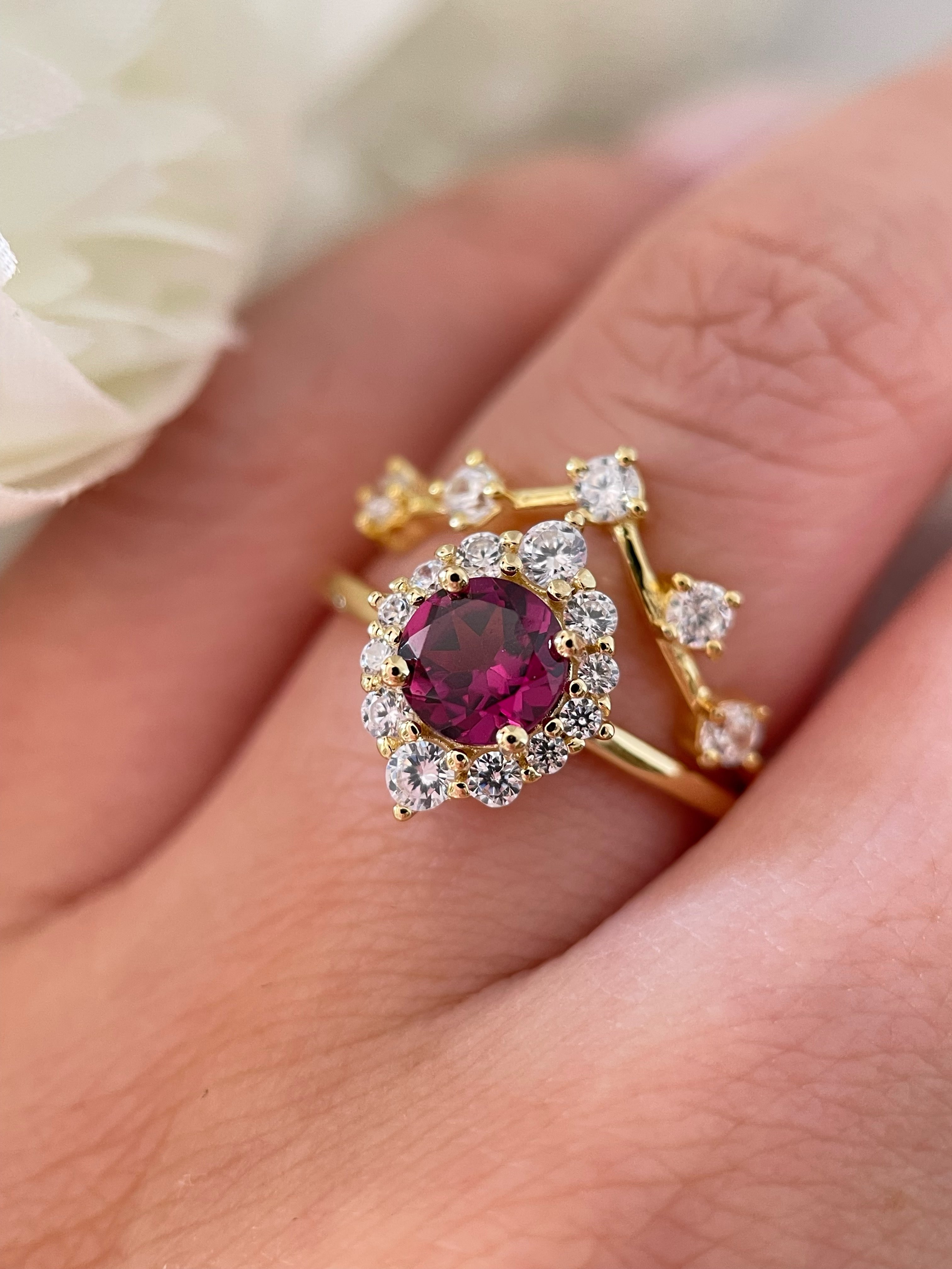 【Ensemble Cerise】Ensemble de 2 bagues de fiançailles en grenat rhodolite naturel fait main, 0,8 ct, forme ronde