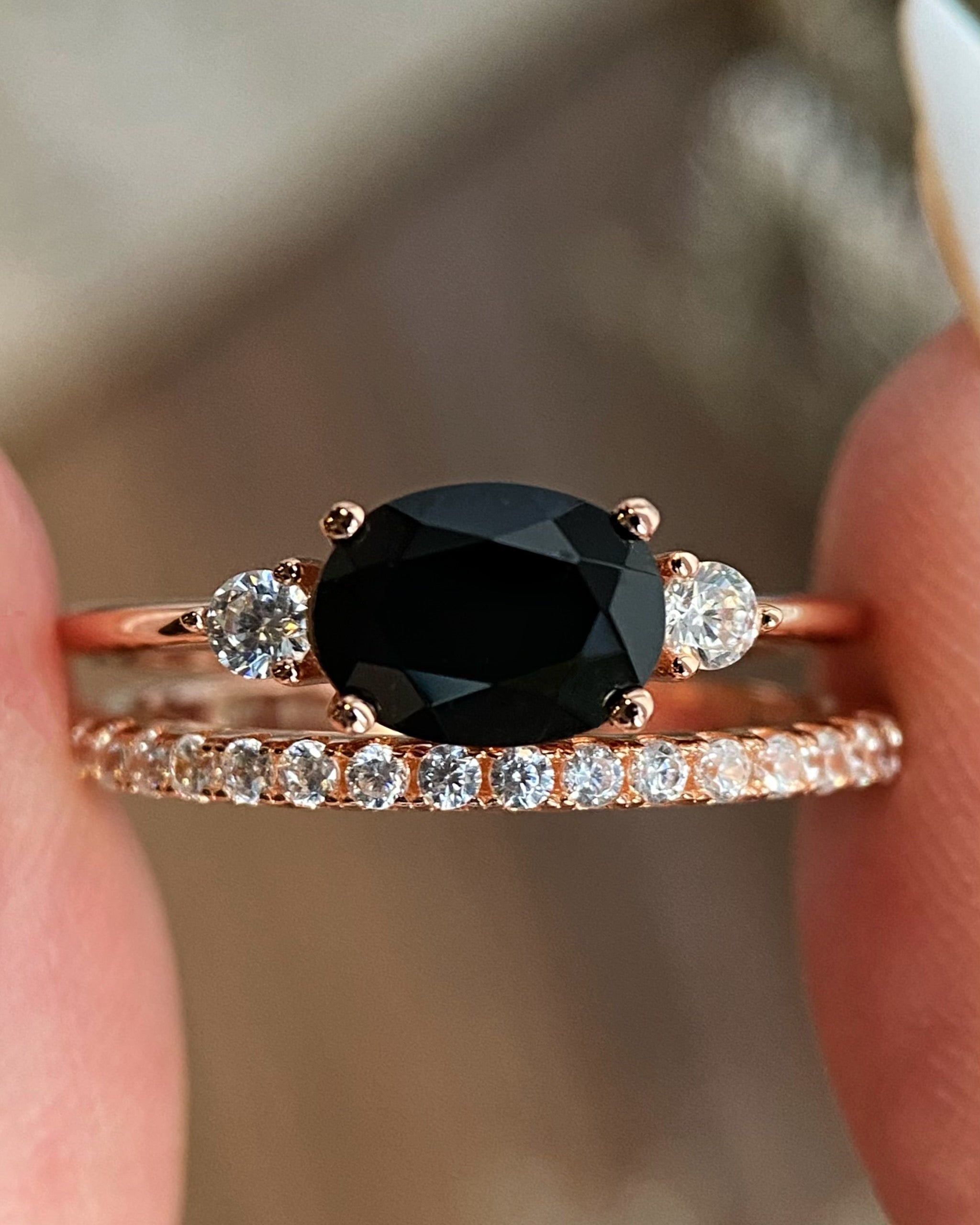 【Onyx Vertex Set】Handmade Natural Black Onyx Engagement Ring Set 2pcs 1.5ct Oval Cut