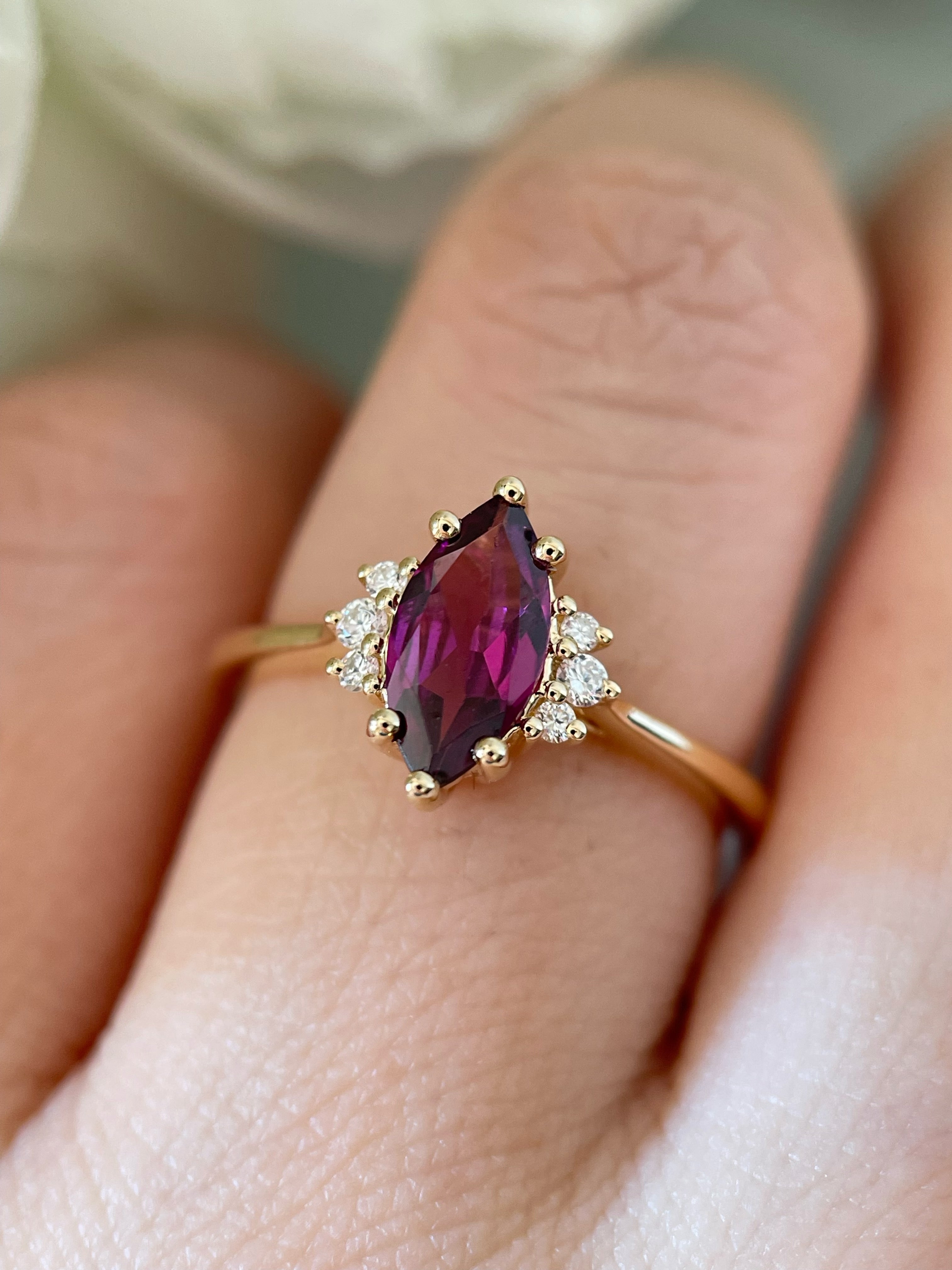 【Octavia】Handmade Natural Rhodolite Garnet Engagement Ring Marquise Cut 1ct