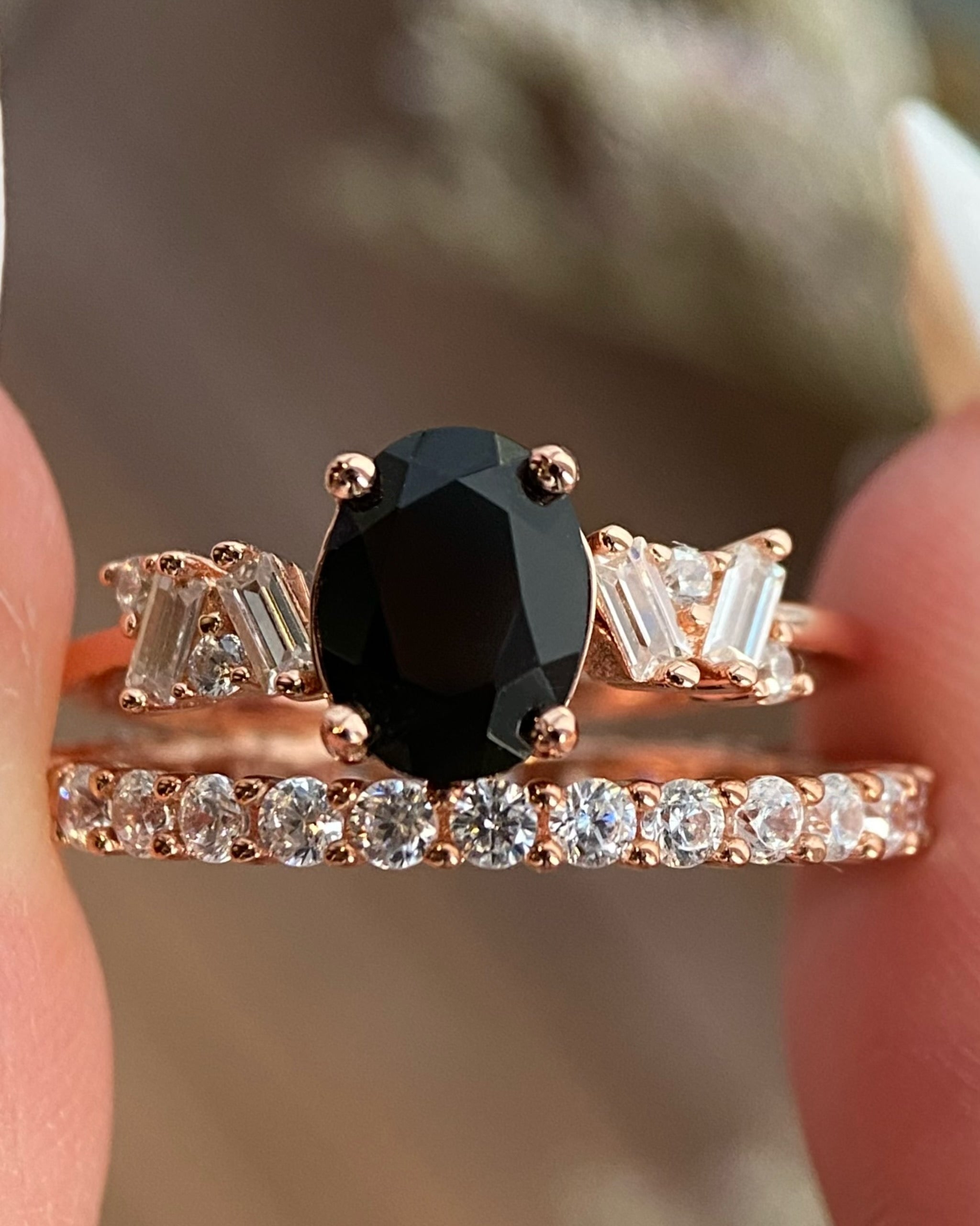 【Eclipsa Set】Handmade Natural Black Onyx Engagement Ring Set 2pcs 1.5ct Oval Cut