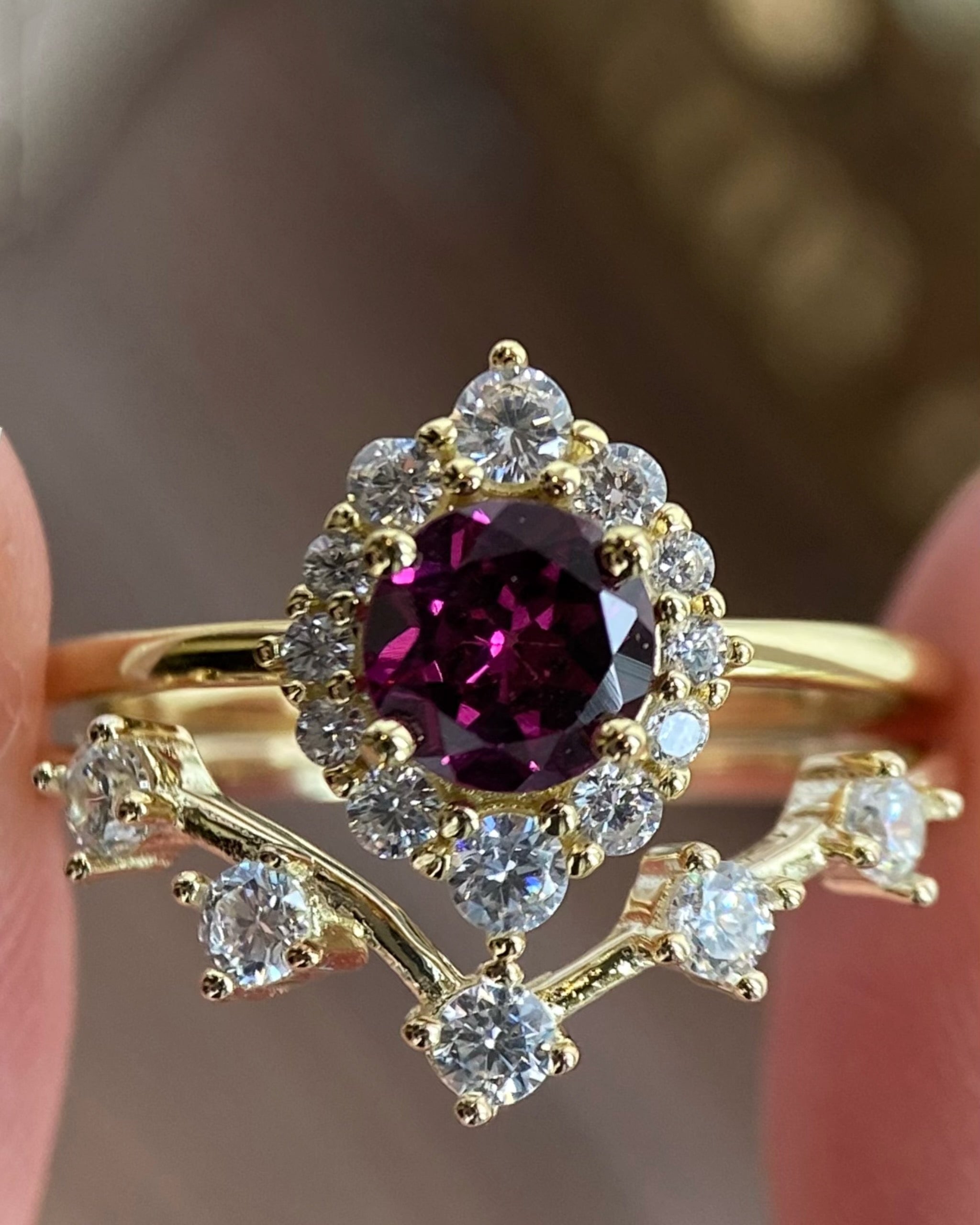 【Cerise Set】Handmade Natural Rhodolite Garnet Engagement Ring Set 2pcs0.8ct Round Cut