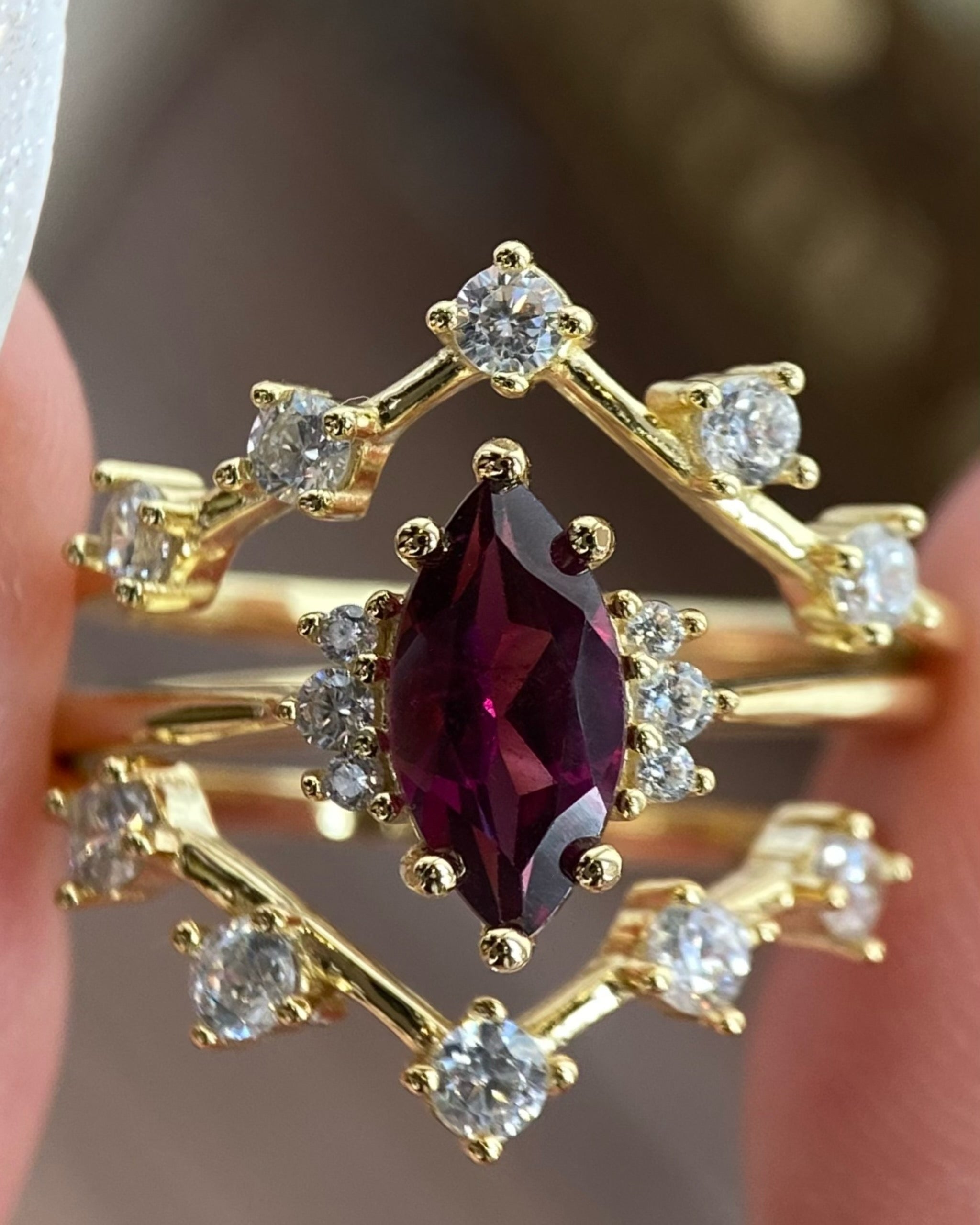 【Octavia SET】Handmade Natural Rhodolite Garnet Engagement Ring Set 3pcs Marquise Cut 1ct