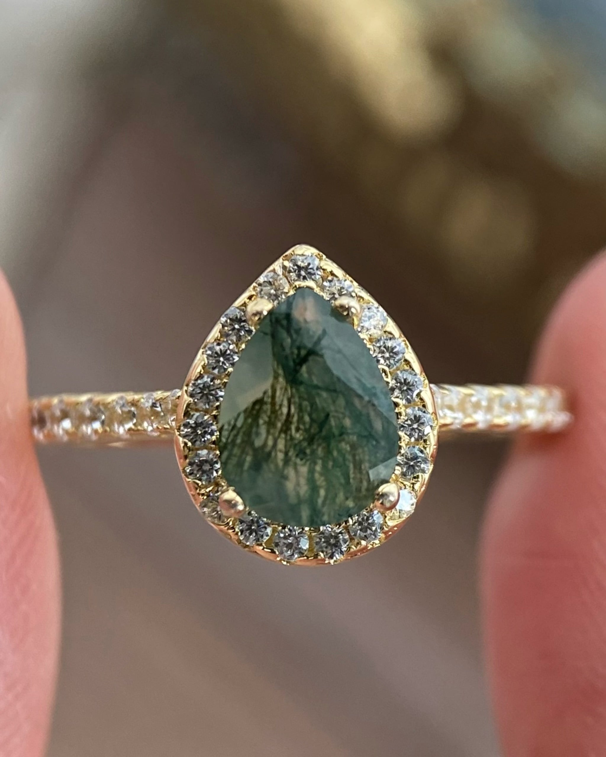 【Verdian】Unique Handmade Natural Moss Agate Engagement Ring 0.8ct Pear Cut