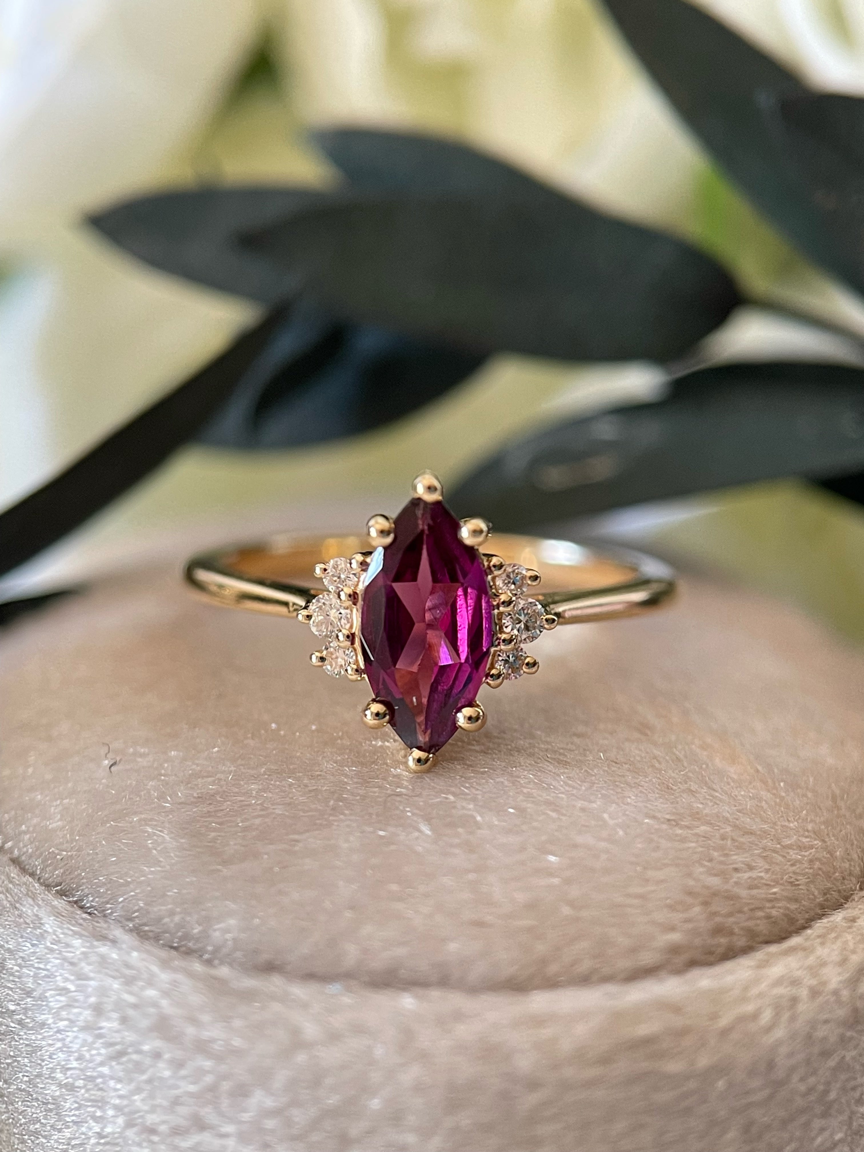 【Octavia】Handmade Natural Rhodolite Garnet Engagement Ring Marquise Cut 1ct