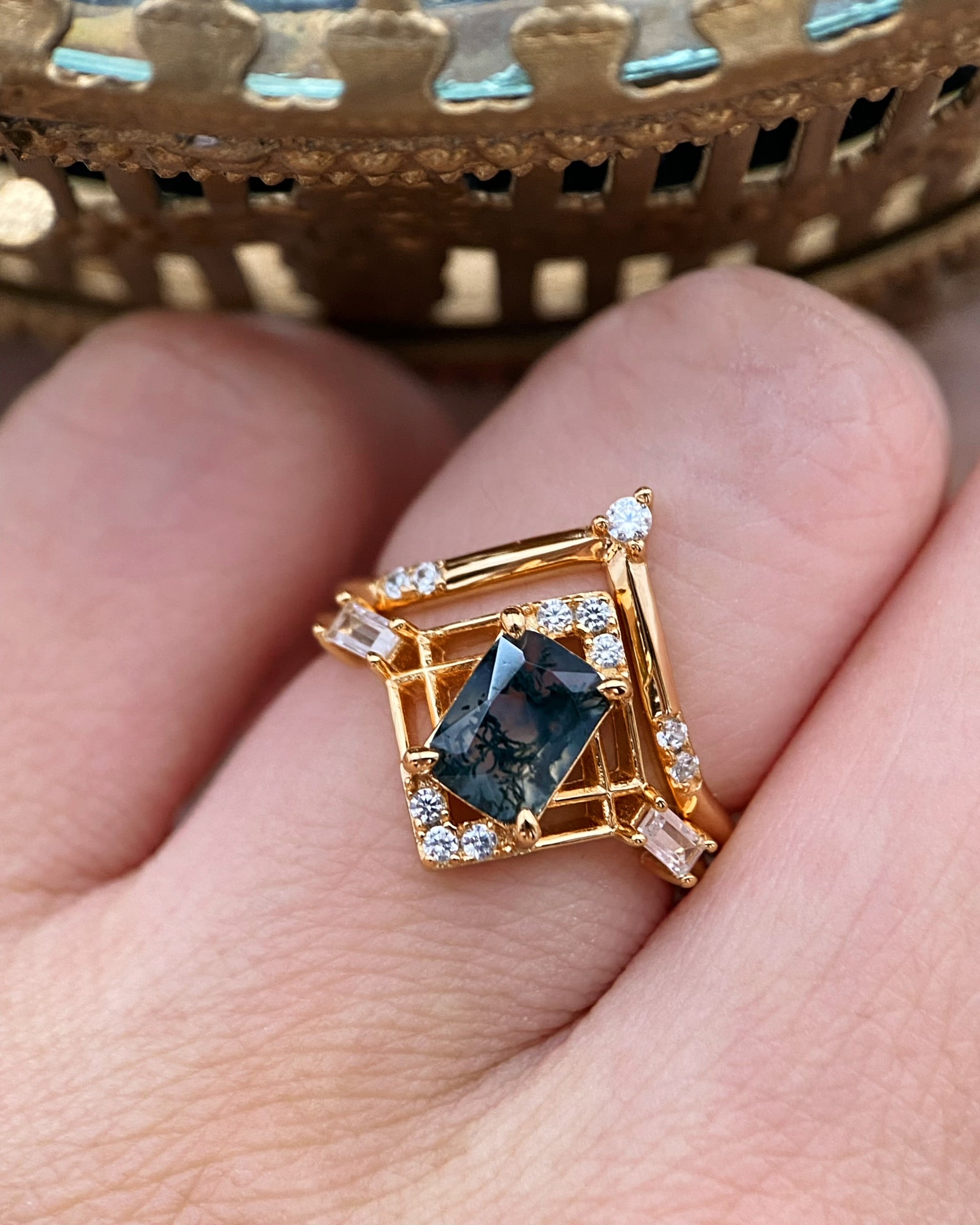 Elysium | Vintage Art Deco Inspired Moss Agate Engagement Ring Set Solid 14K Gold Emerald Cut